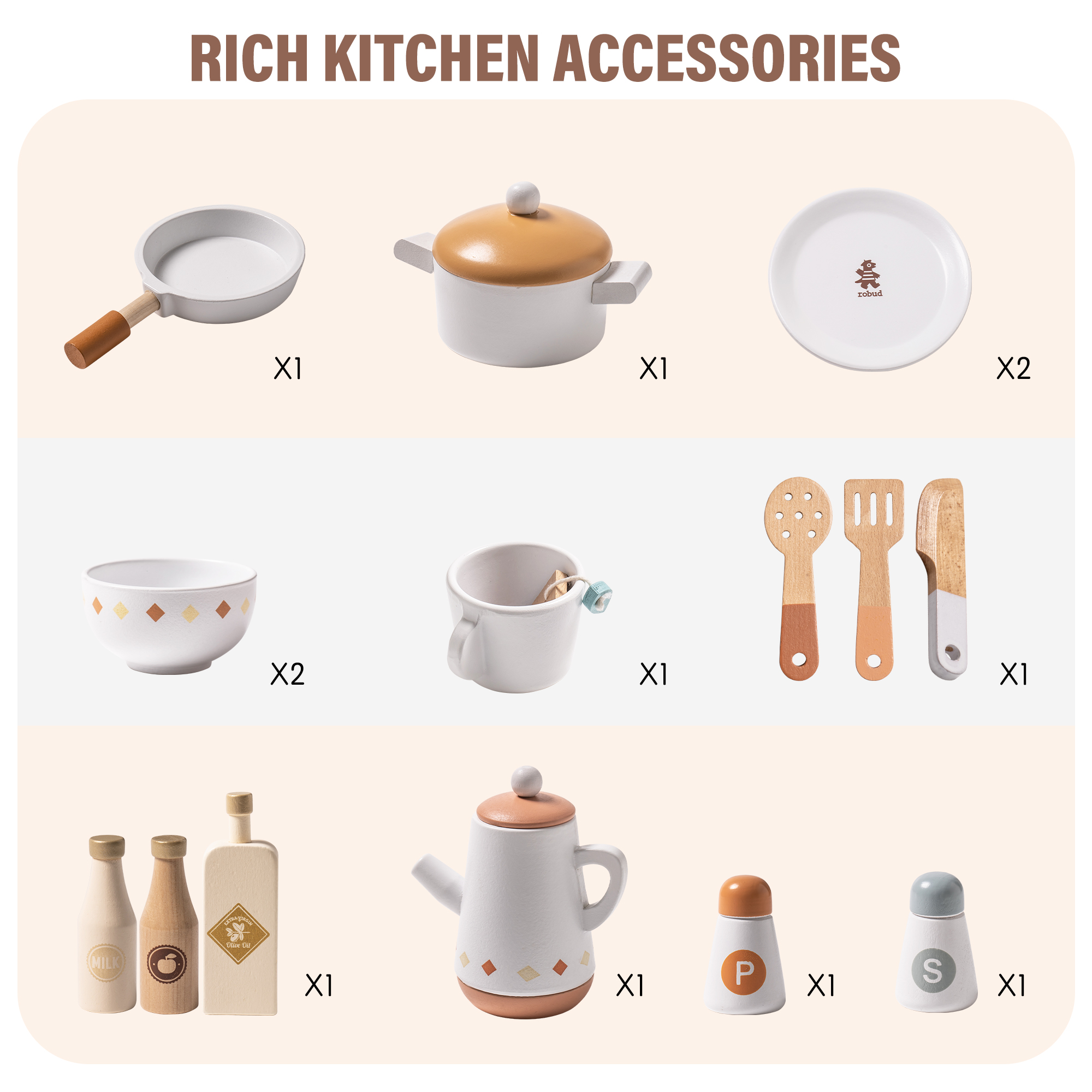 ROBUD Wooden Play Kitchen with Realistic Accessories-Caramel
