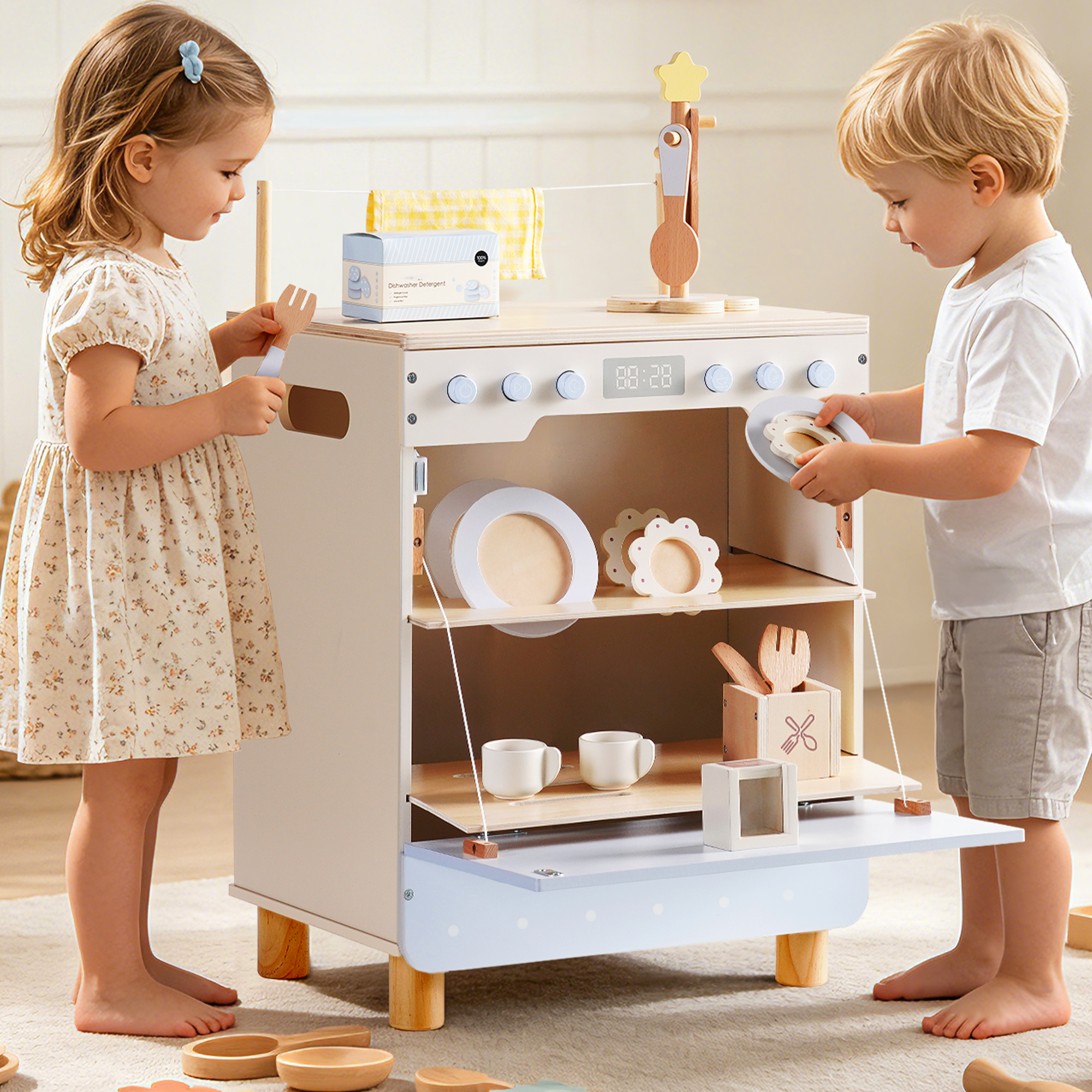 ROBUD Toy Wooden Dishwasher Playset