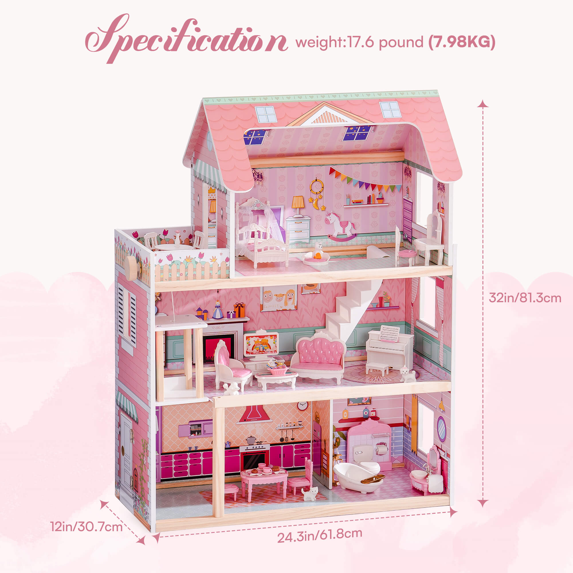 ROBUD Wooden Dollhouse with Elevator 20pcs Furniture 3-Storey Preschool WDH04