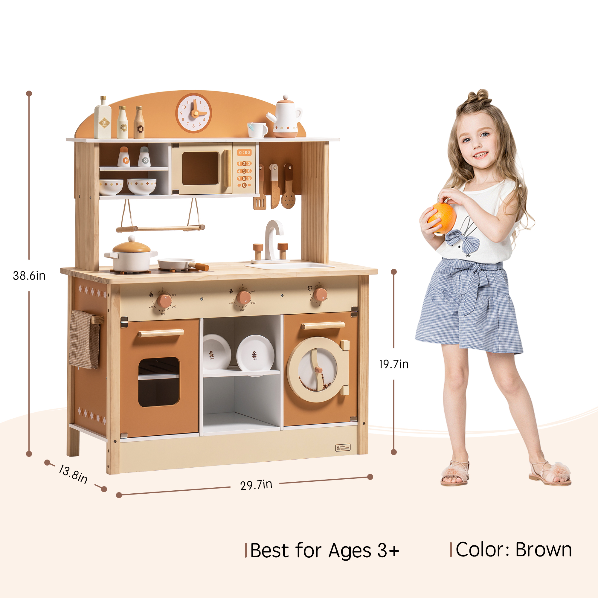 ROBUD Wooden Play Kitchen with Realistic Accessories-Caramel