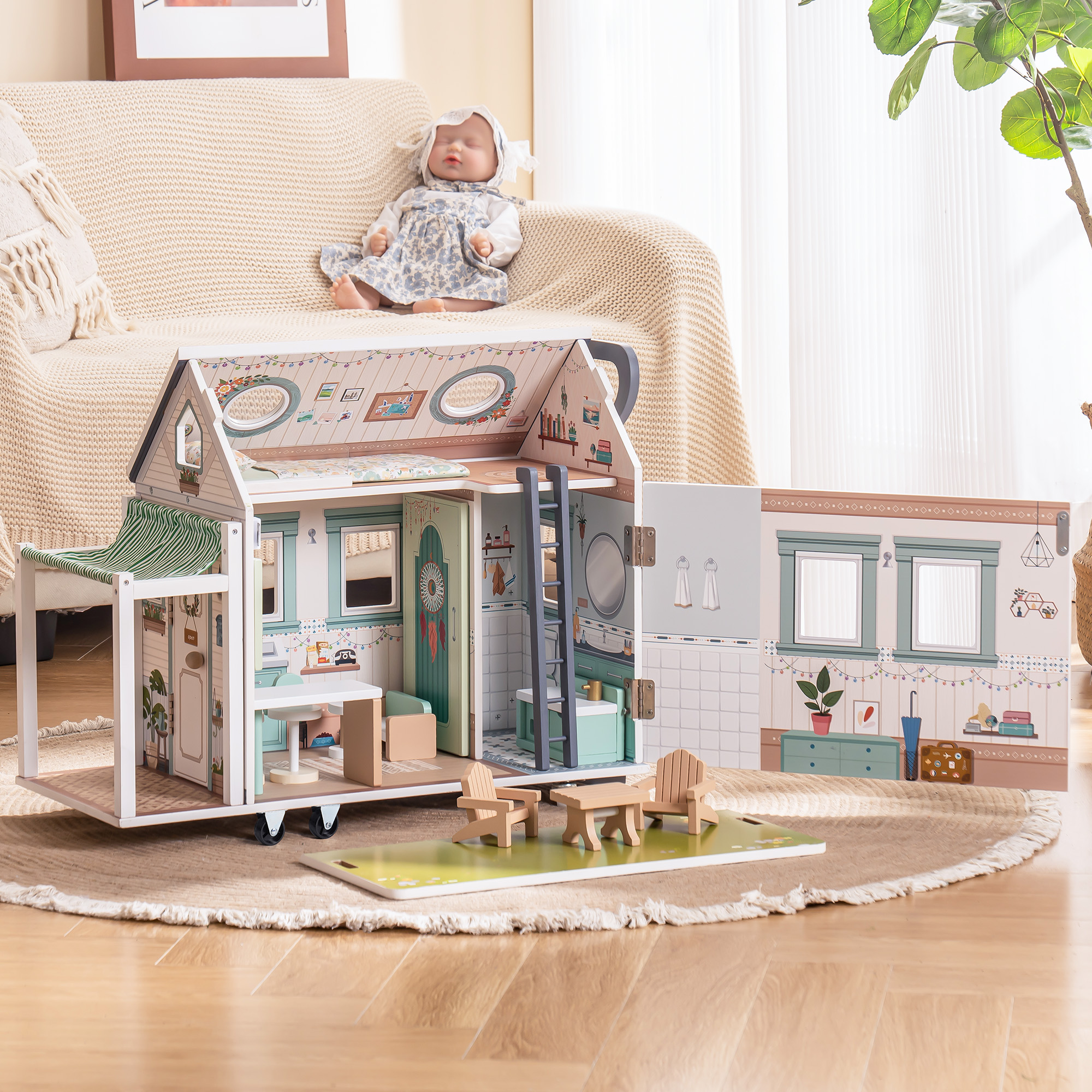 ROBUD Wooden Realistic Camper Van Dollhouse