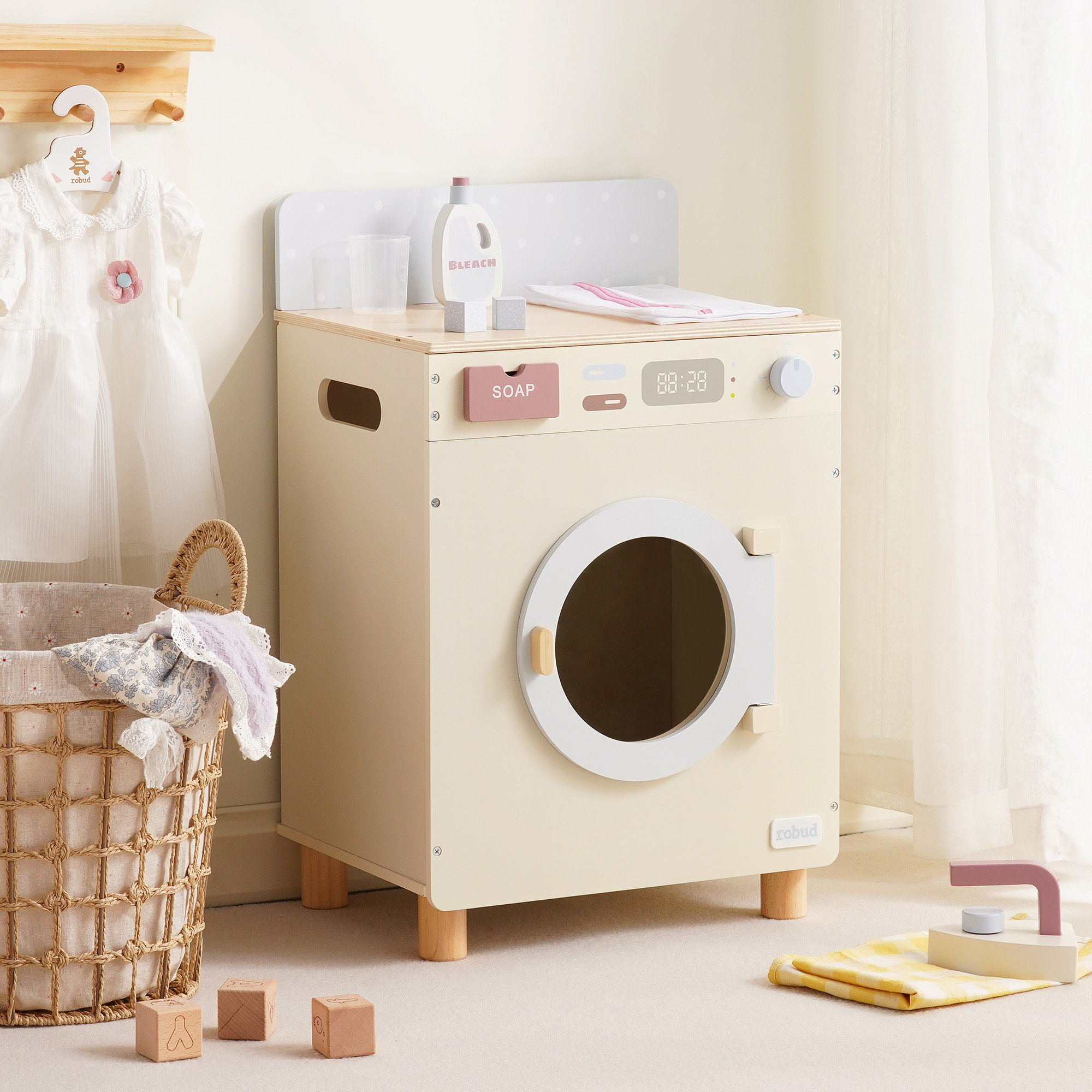 ROBUD Wooden Washing Machine Toy with Spinning Drum