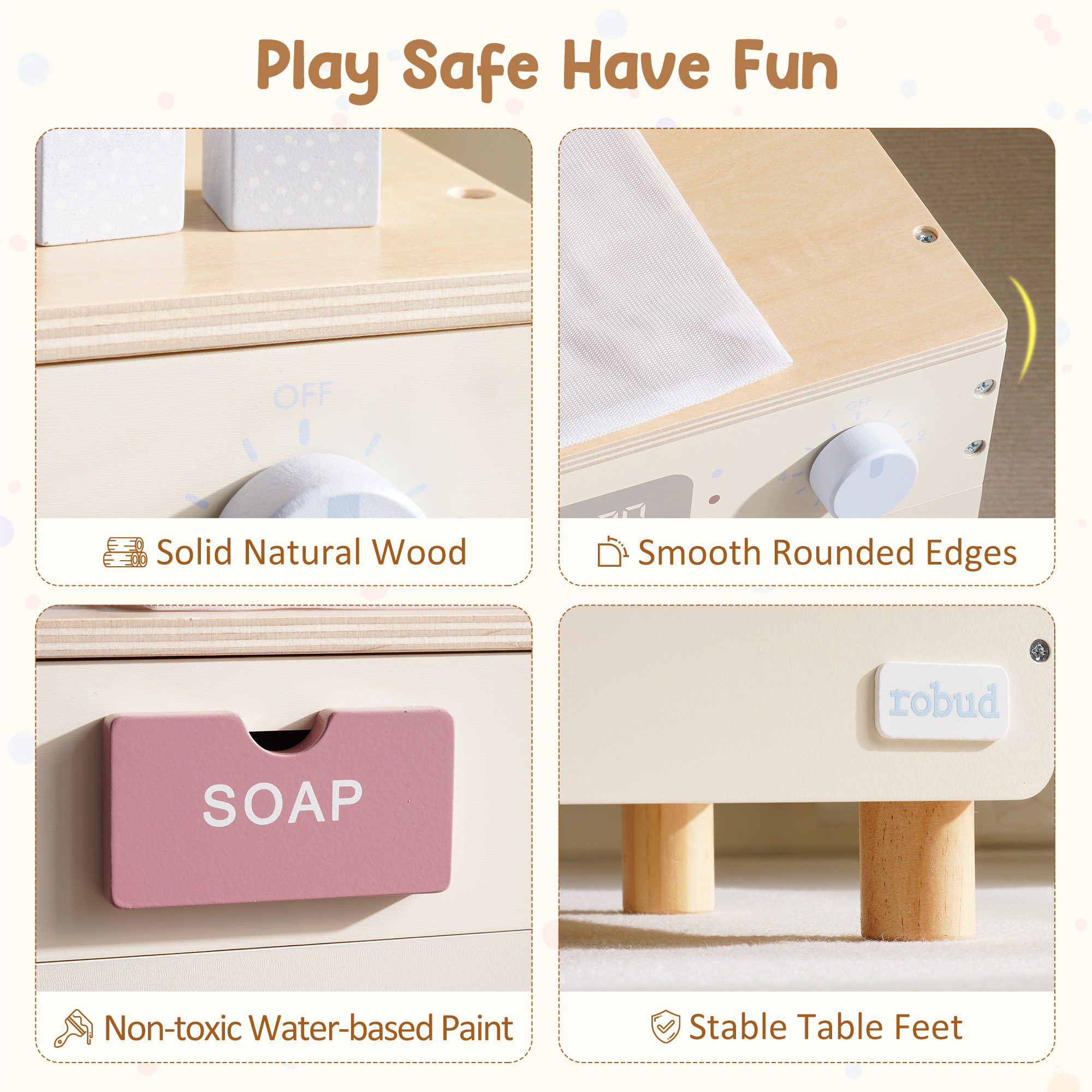 ROBUD Wooden Washing Machine Toy with Spinning Drum