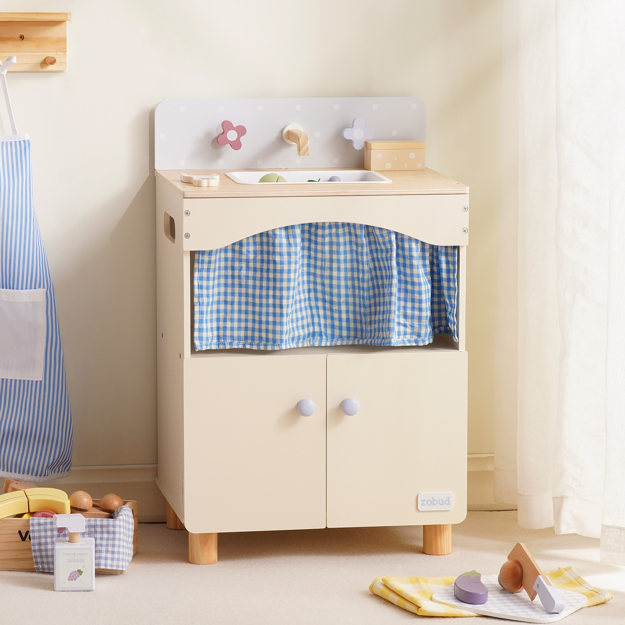 ROBUD Toy Kitchen Cabinet with Realistic Sink and Faucet