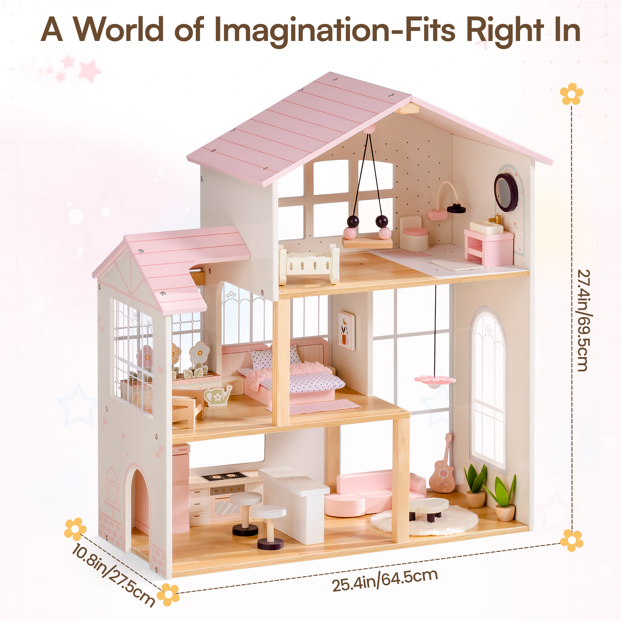 ROBUD Wooden Dolls House with 37 PCS Toy Furniture & Dolls Accessories
