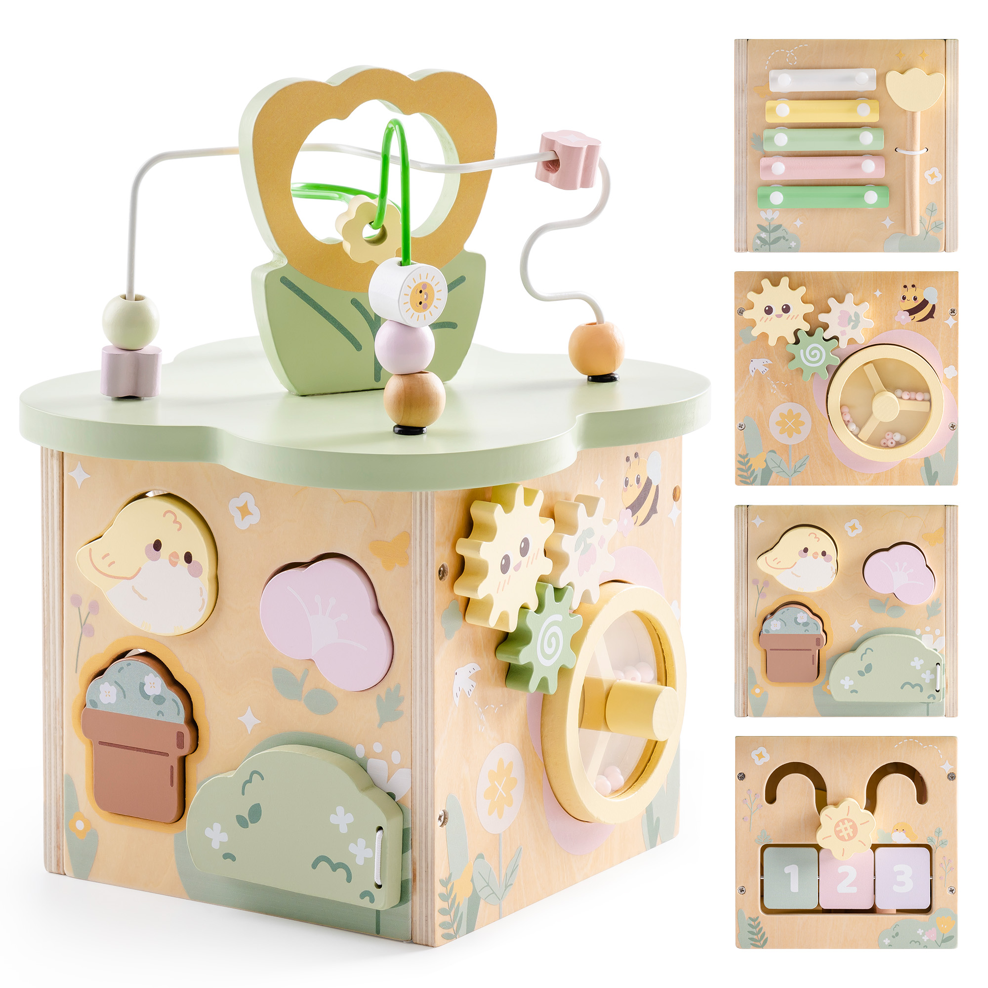 ROBUD Wooden Activity Cube - Flower Bush Theme