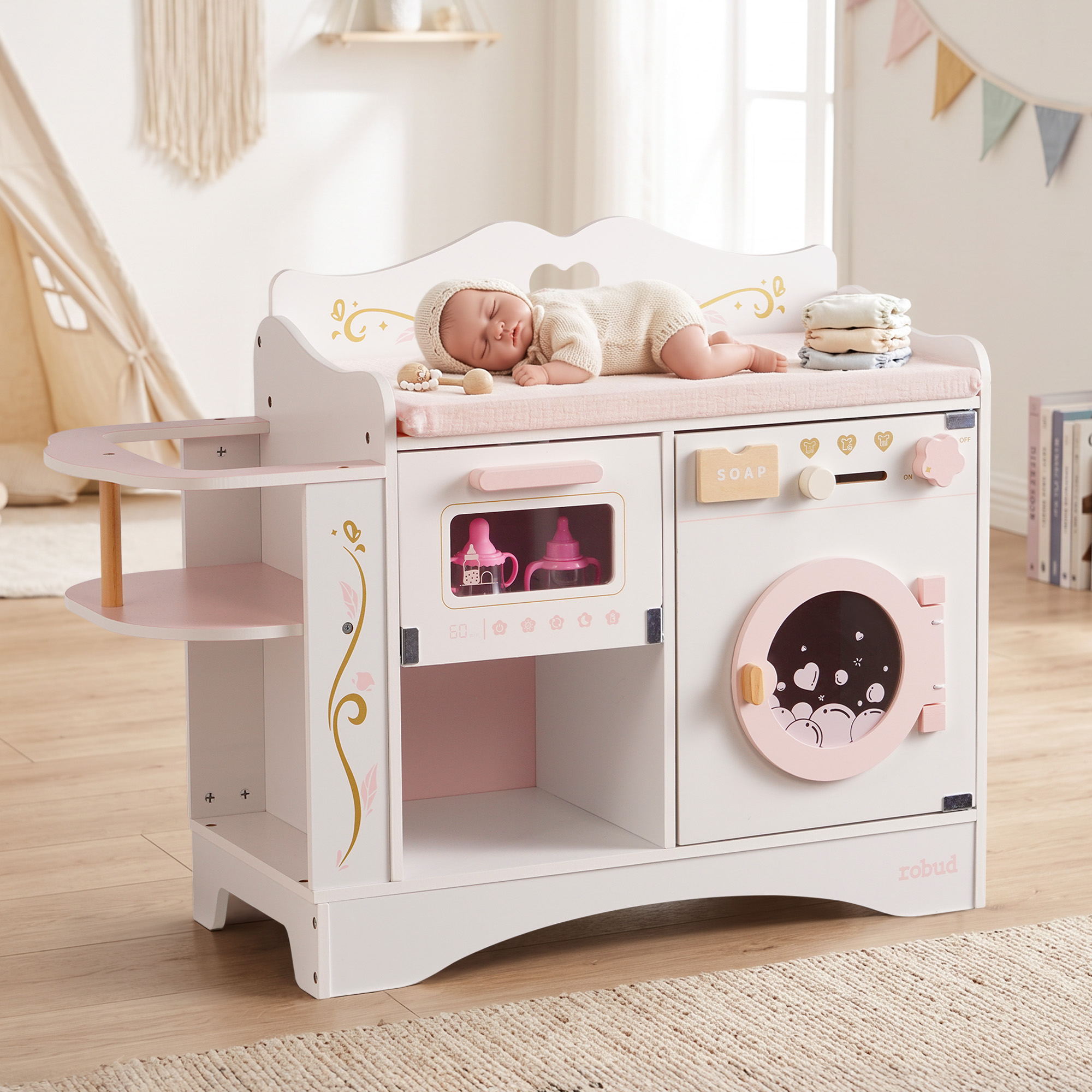 ROBUD 6-in-1 Baby Doll Changing Table - White & Pink
