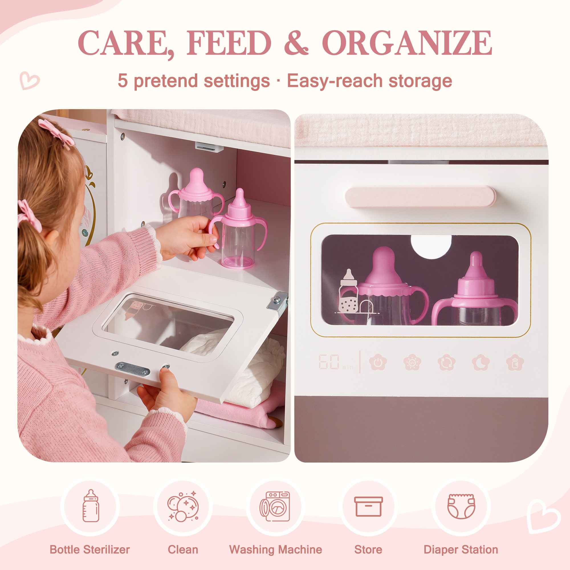 ROBUD 6-in-1 Baby Doll Changing Table - White & Pink