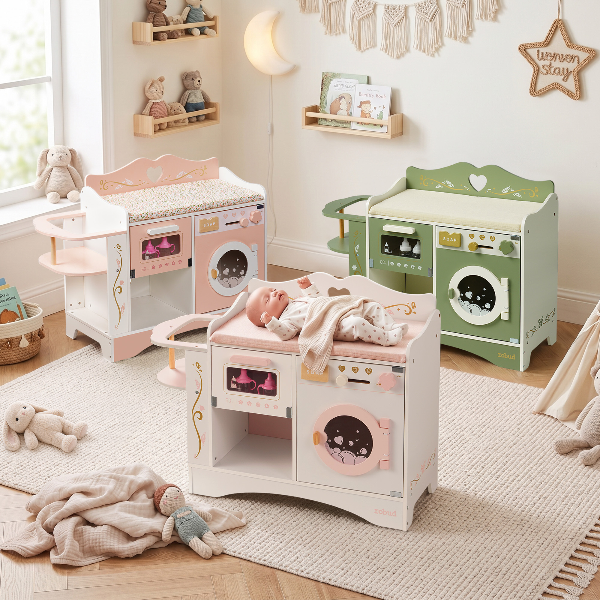 ROBUD 6-in-1 Baby Doll Changing Table - White & Pink