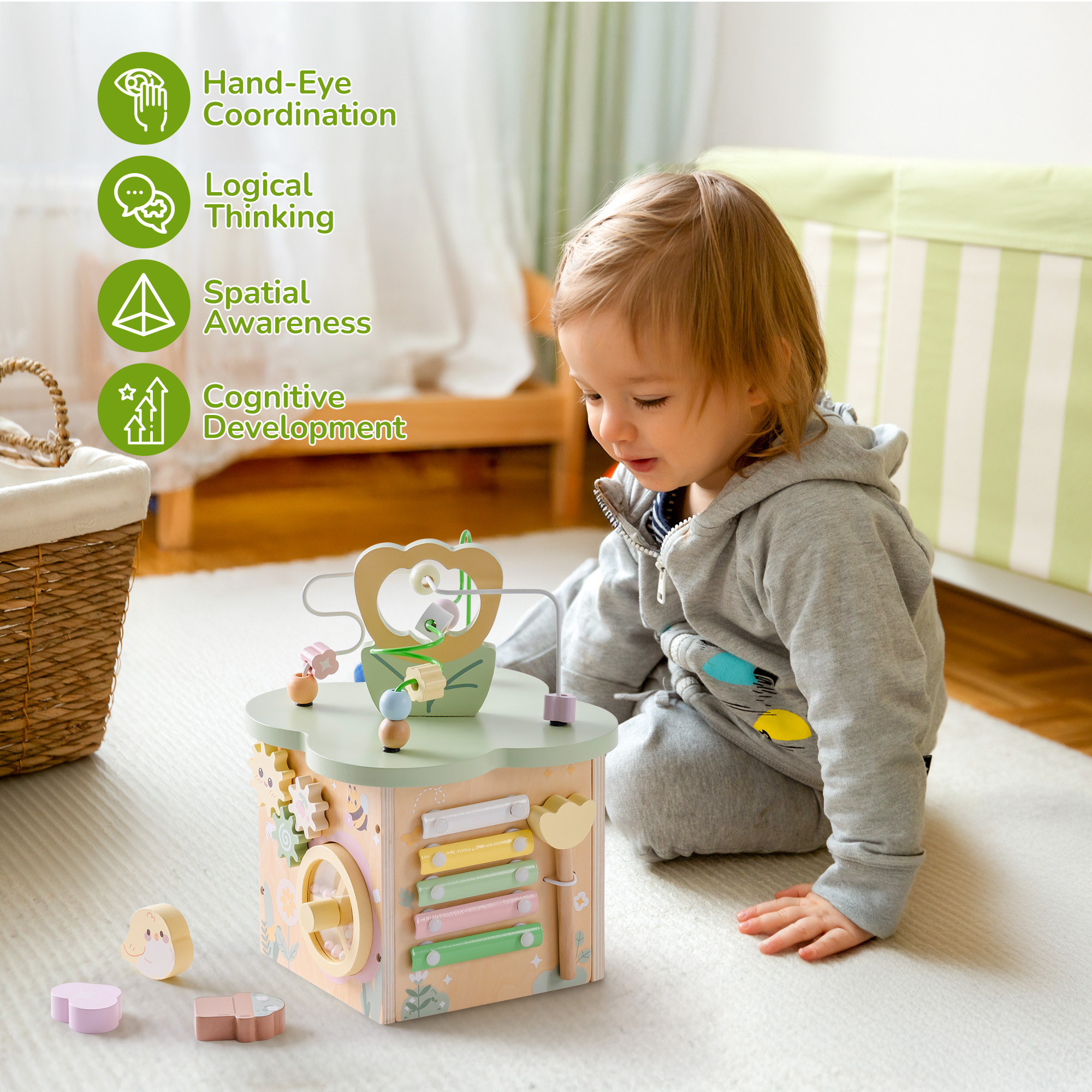 ROBUD Wooden Activity Cube - Flower Bush Theme