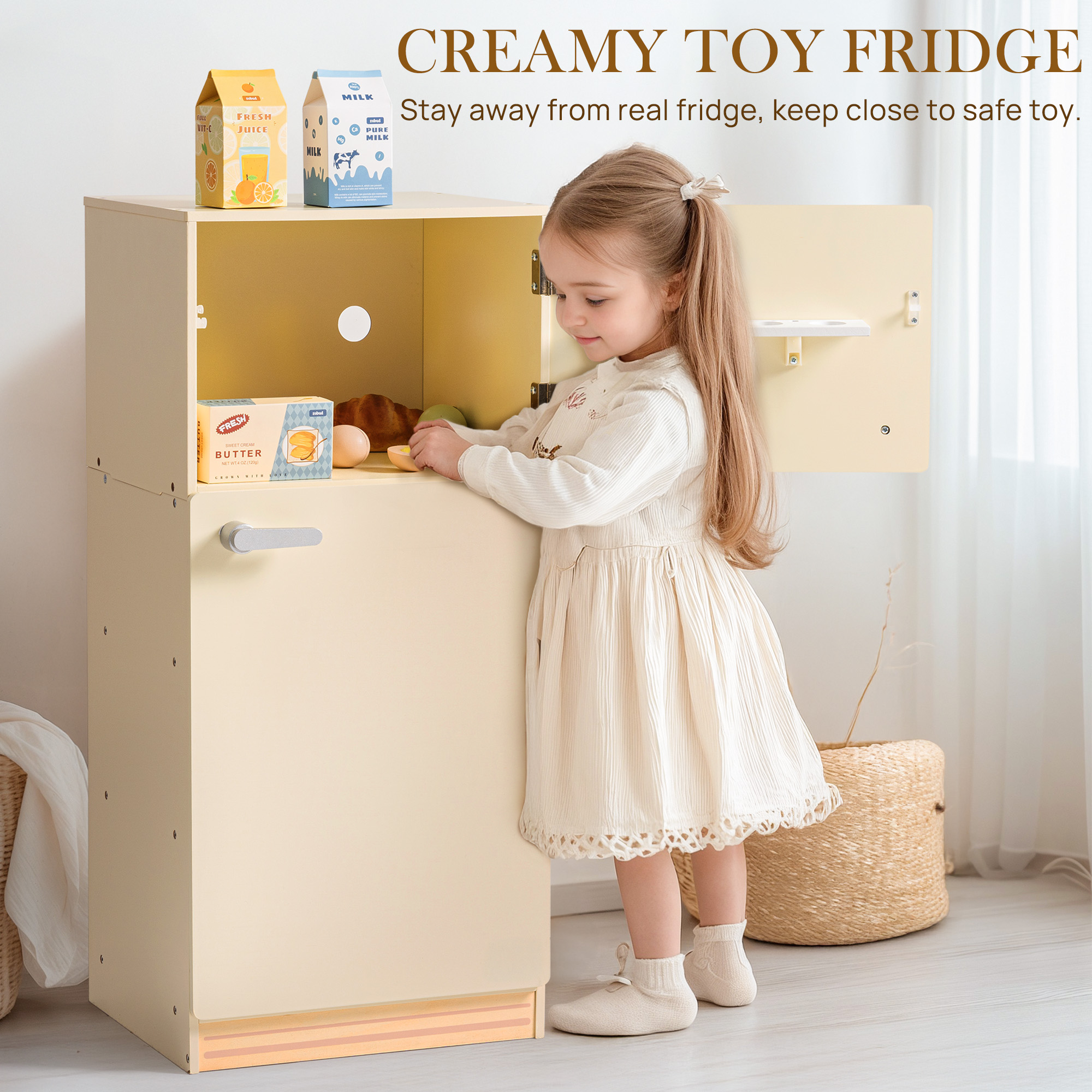 ROBUD Wooden Kids Play Kitchen Fridge Creamy