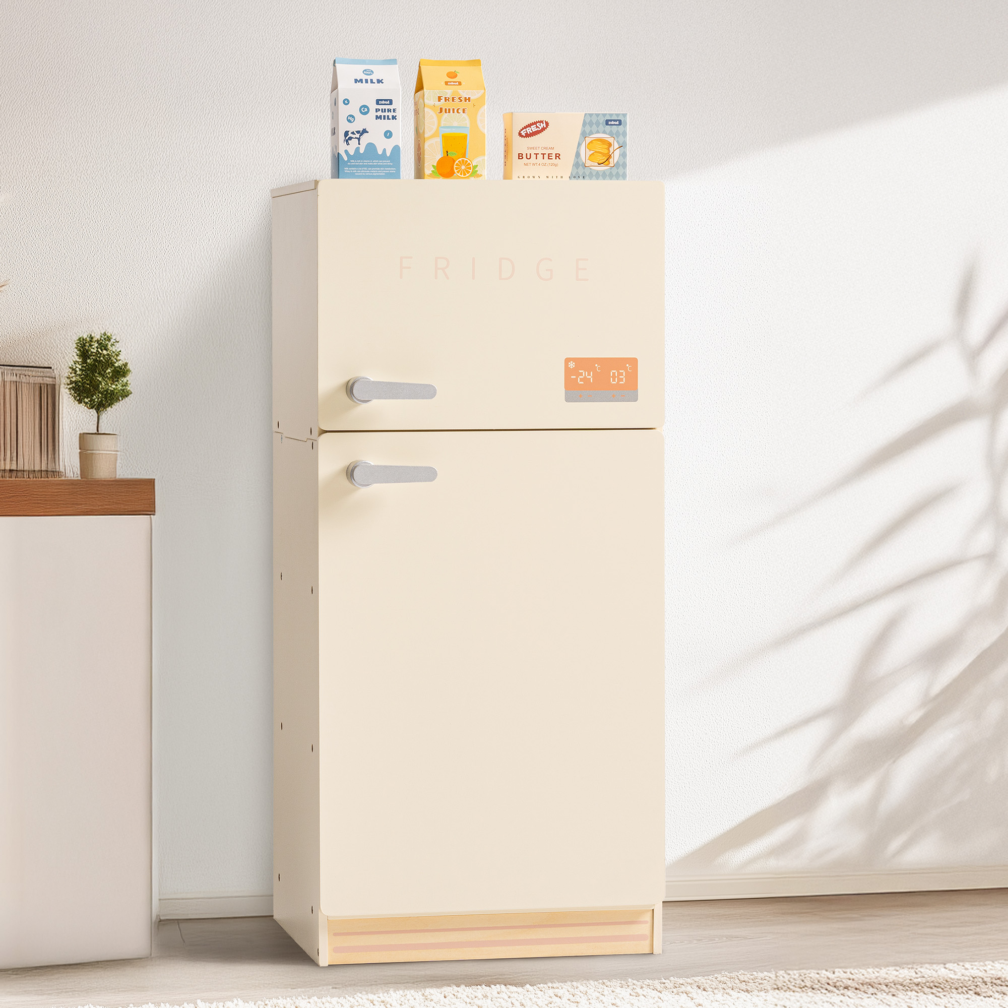 ROBUD Wooden Kids Play Kitchen Fridge Creamy