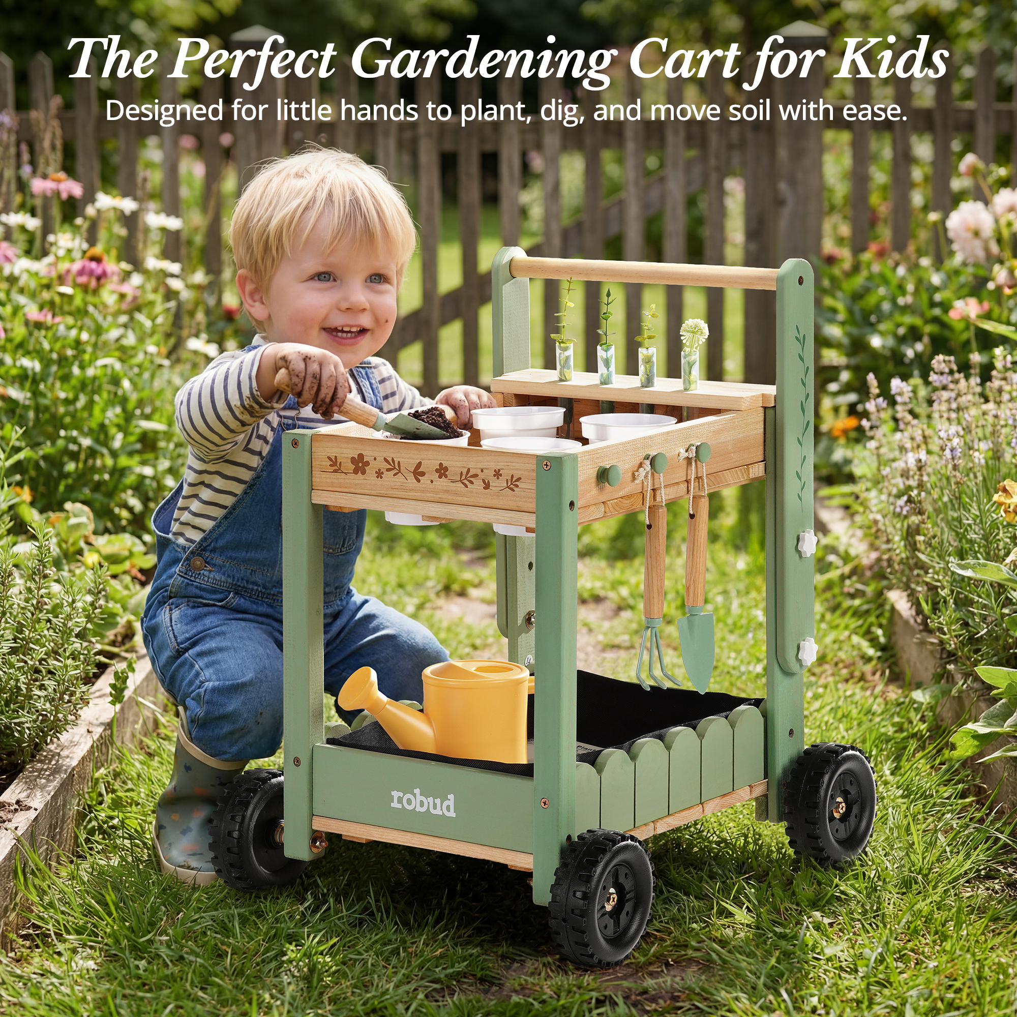 ROBUD Kids Gardening Set with Wooden Trolley