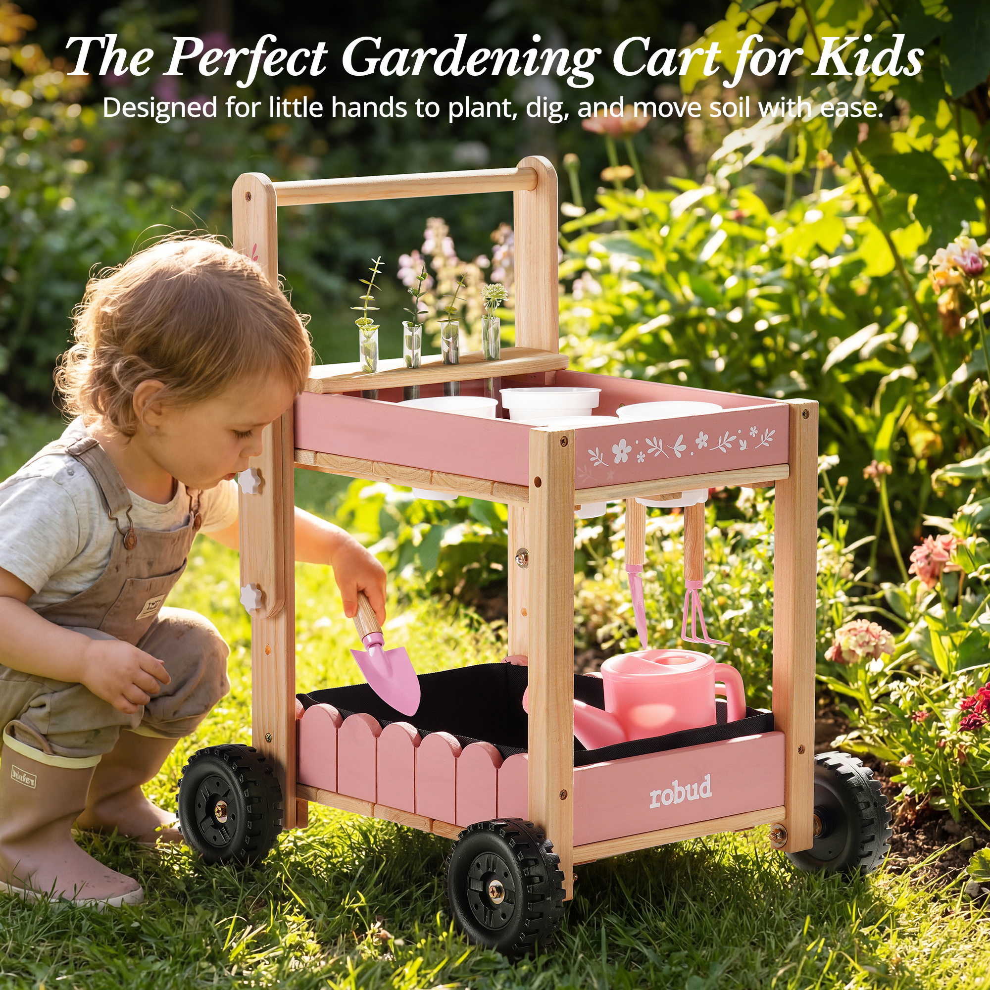 ROBUD Kids Gardening Set with Wooden Trolley