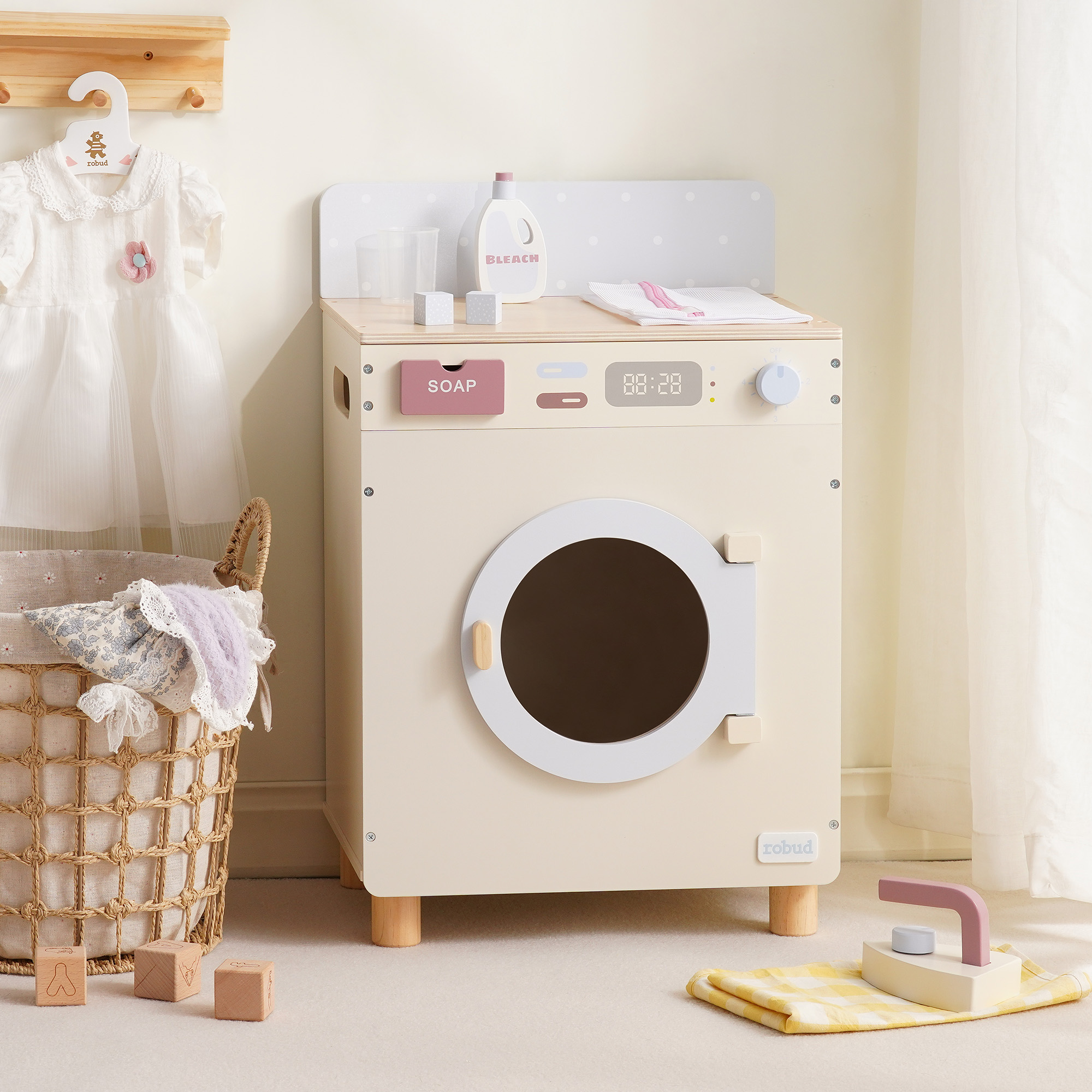 ROBUD Wooden Washing Machine Toy with Spinning Drum