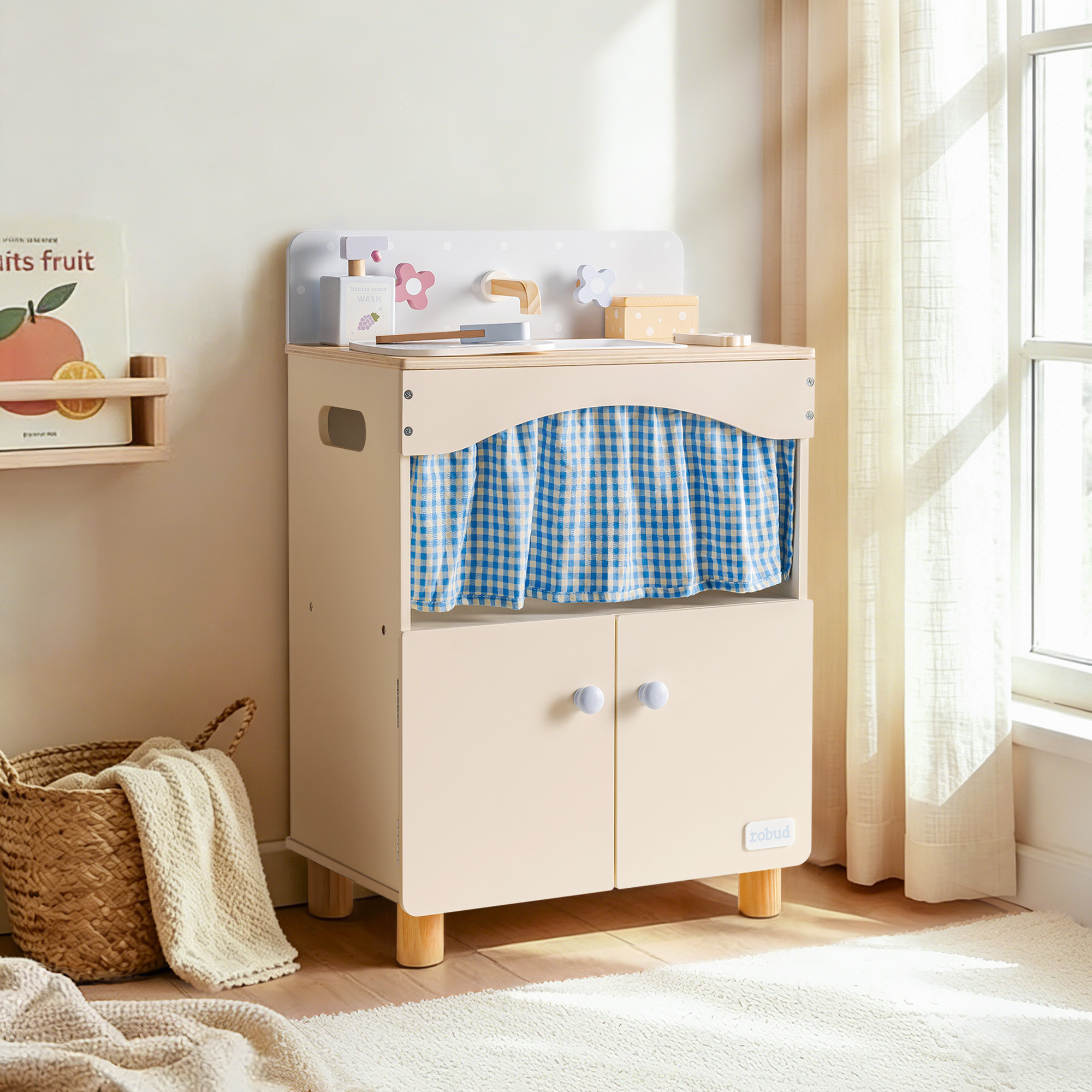 ROBUD Toy Kitchen Cabinet with Realistic Sink and Faucet