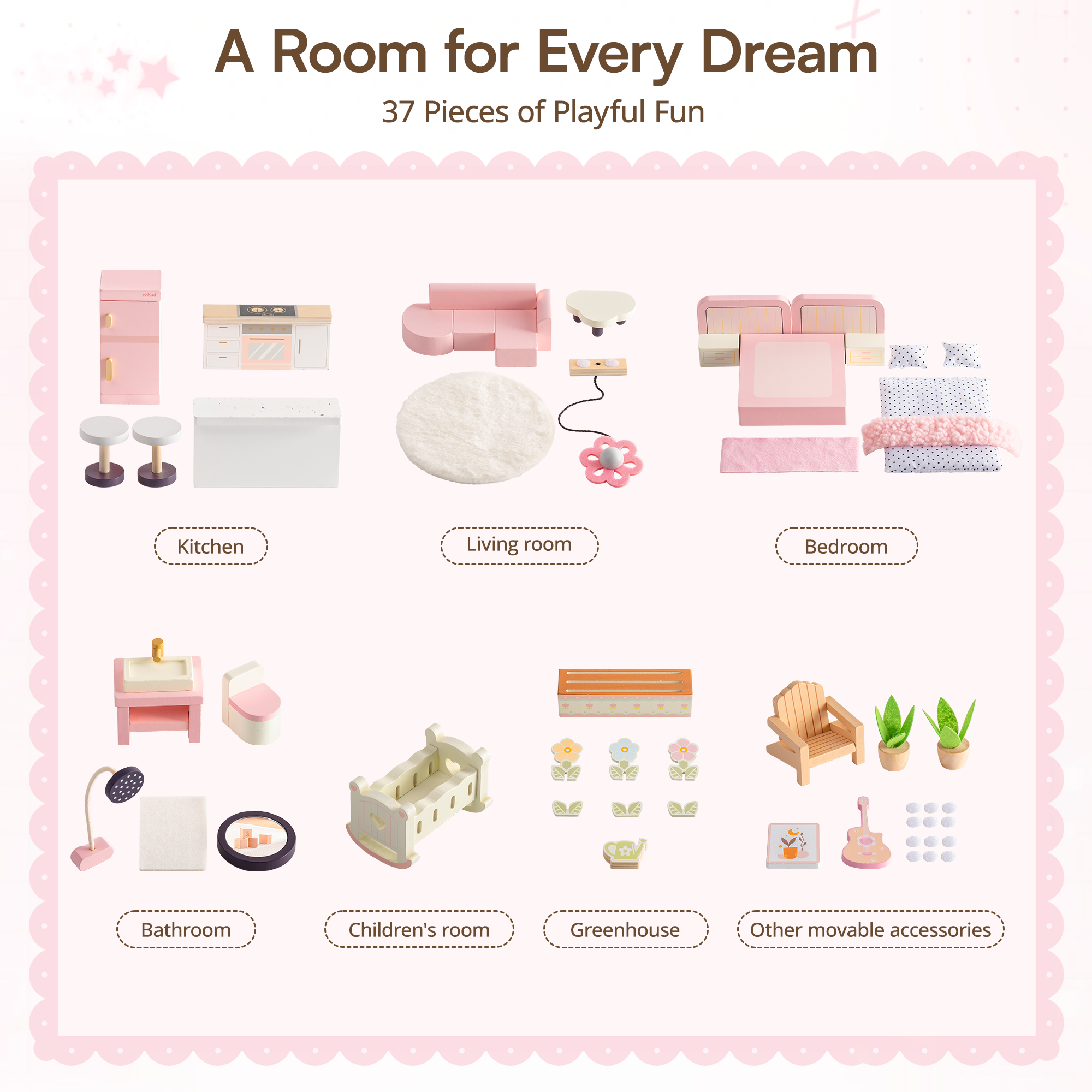 ROBUD Wooden Dolls House with 37 PCS Toy Furniture & Dolls Accessories