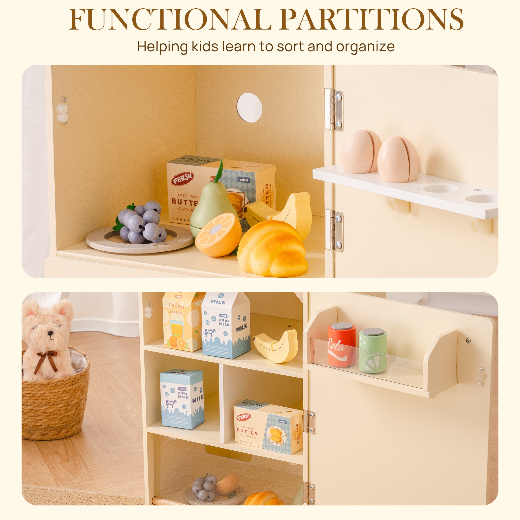 ROBUD Wooden Kids Play Kitchen Fridge Creamy