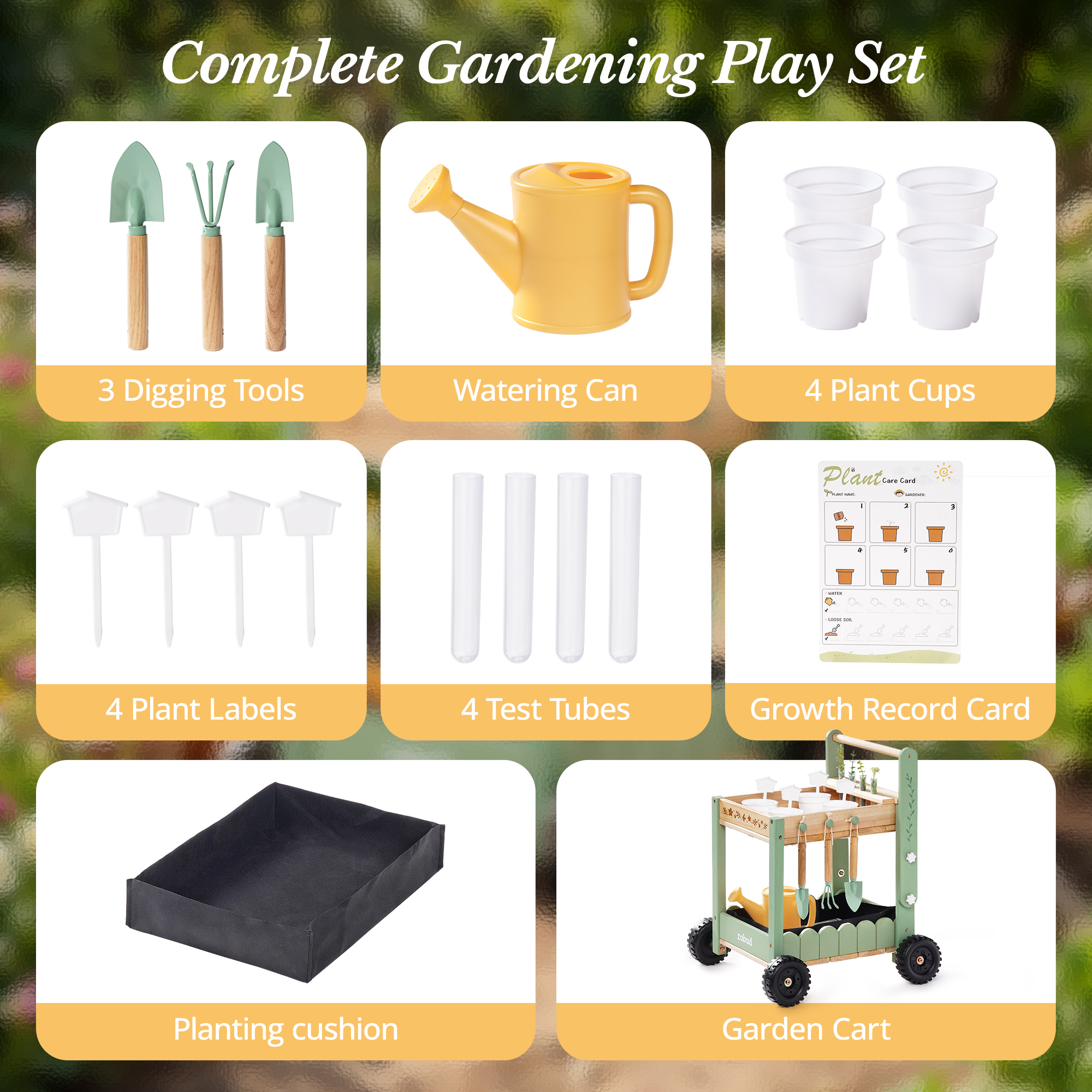 ROBUD Kids Gardening Set with Wooden Trolley
