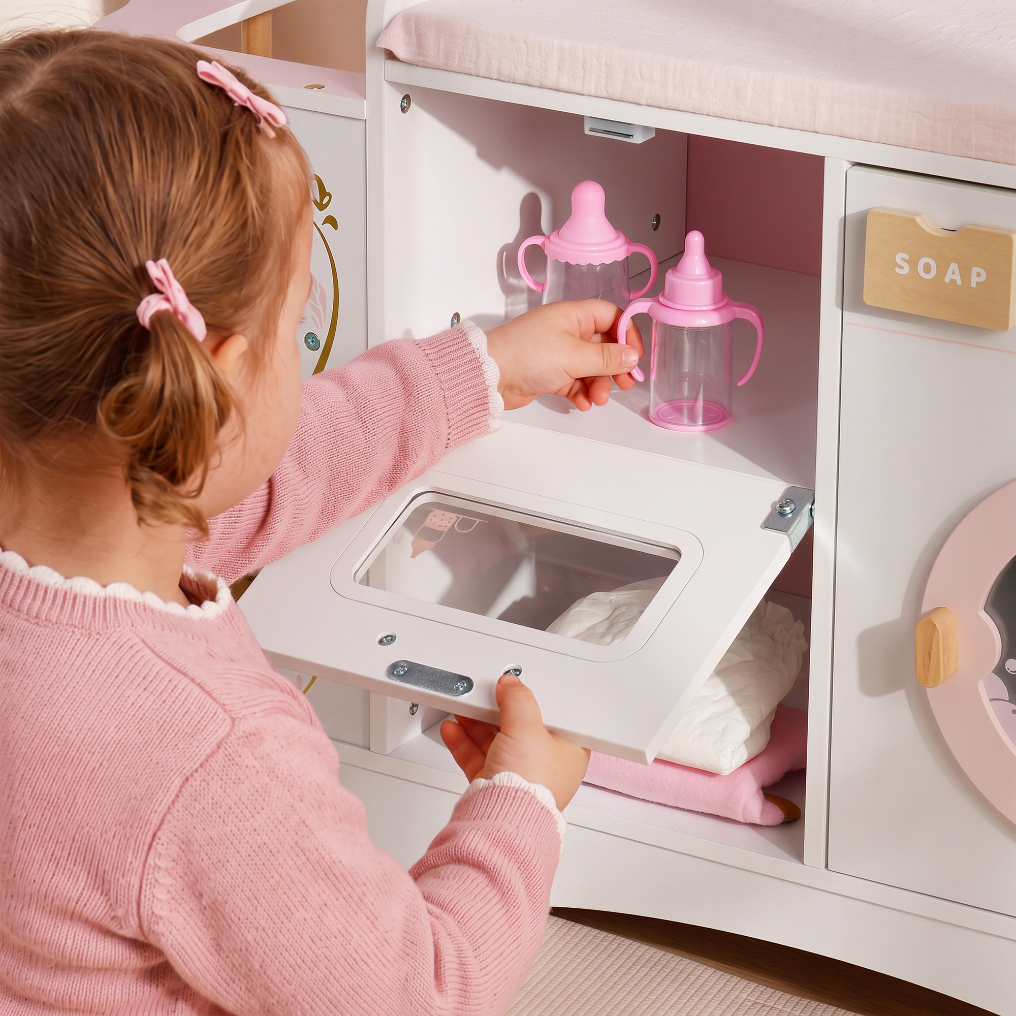 ROBUD 6-in-1 Baby Doll Changing Table - White & Pink