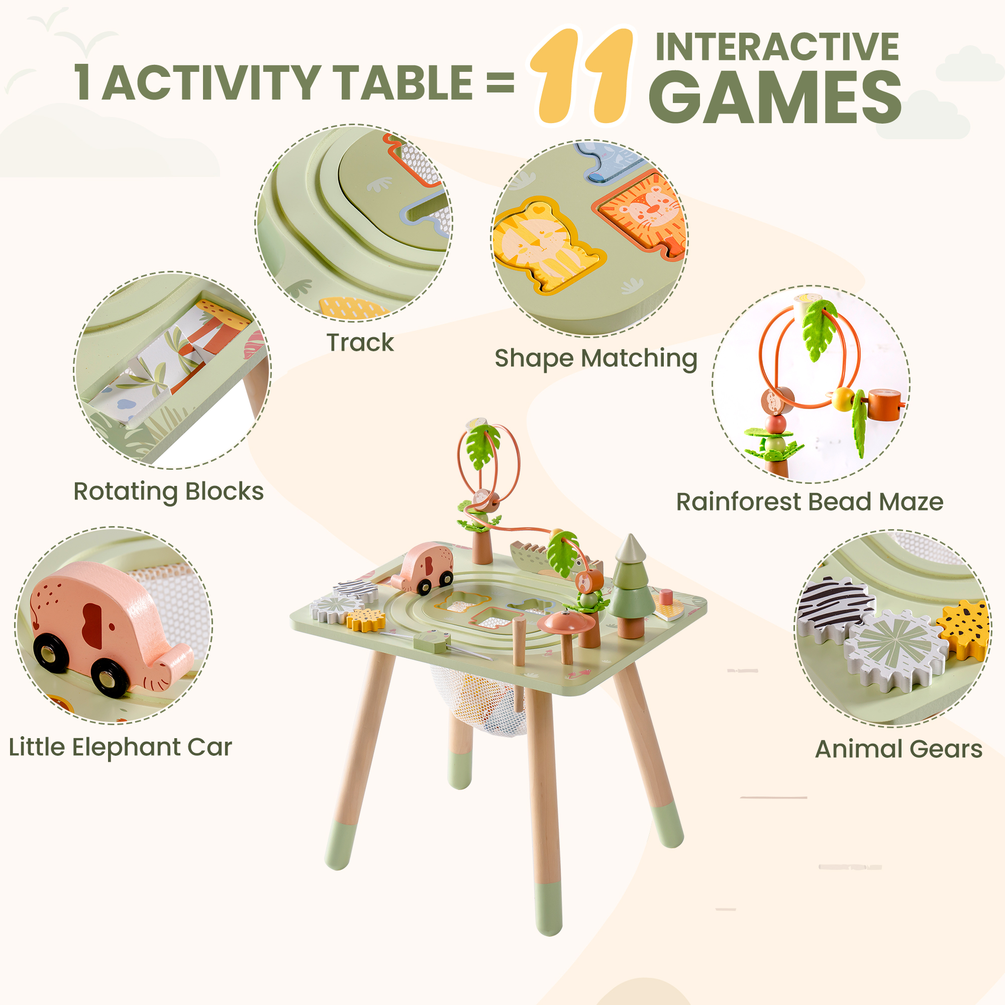 ROBUD 11 in 1 Wooden Rainforest Activity Table