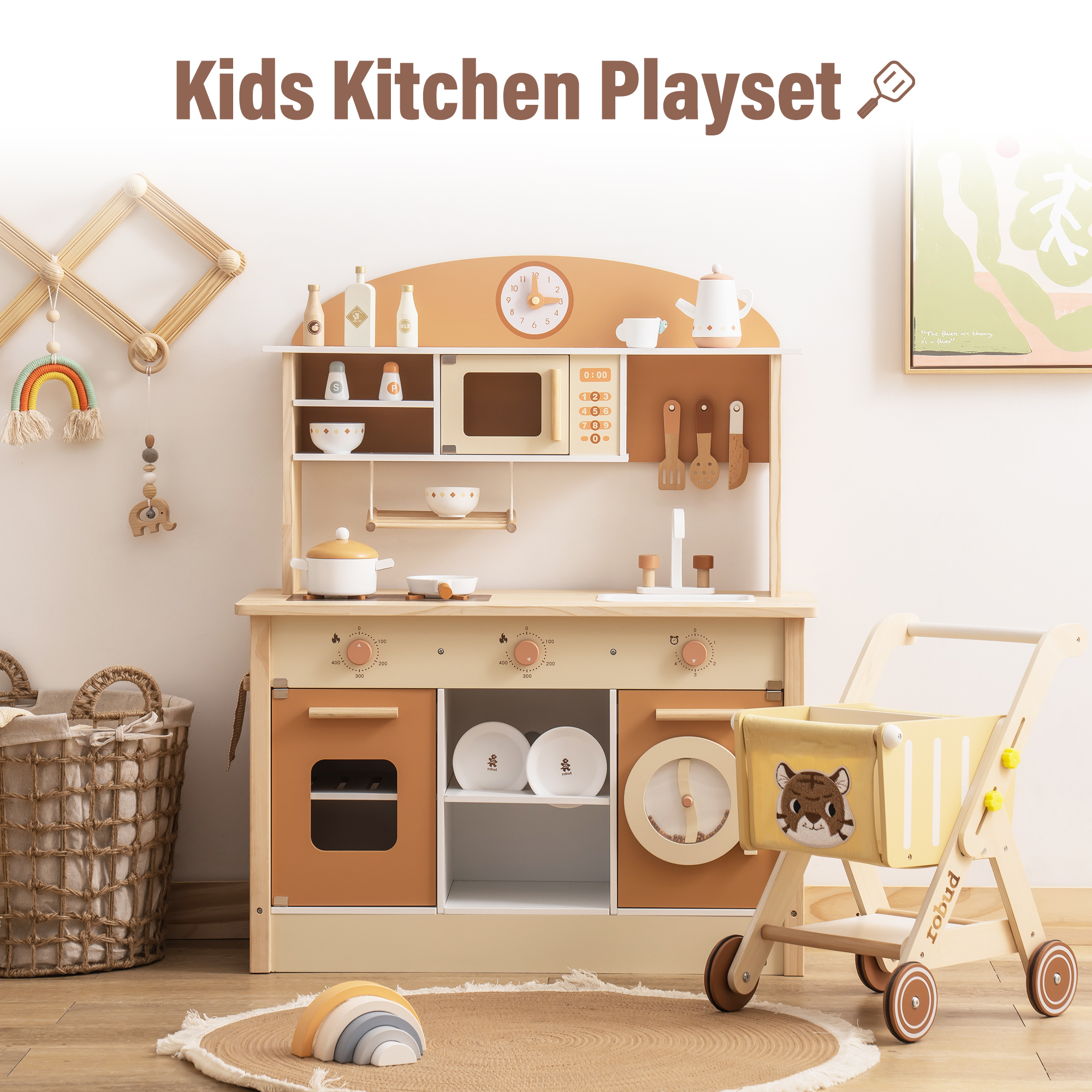 ROBUD Wooden Play Kitchen with Realistic Accessories-Caramel