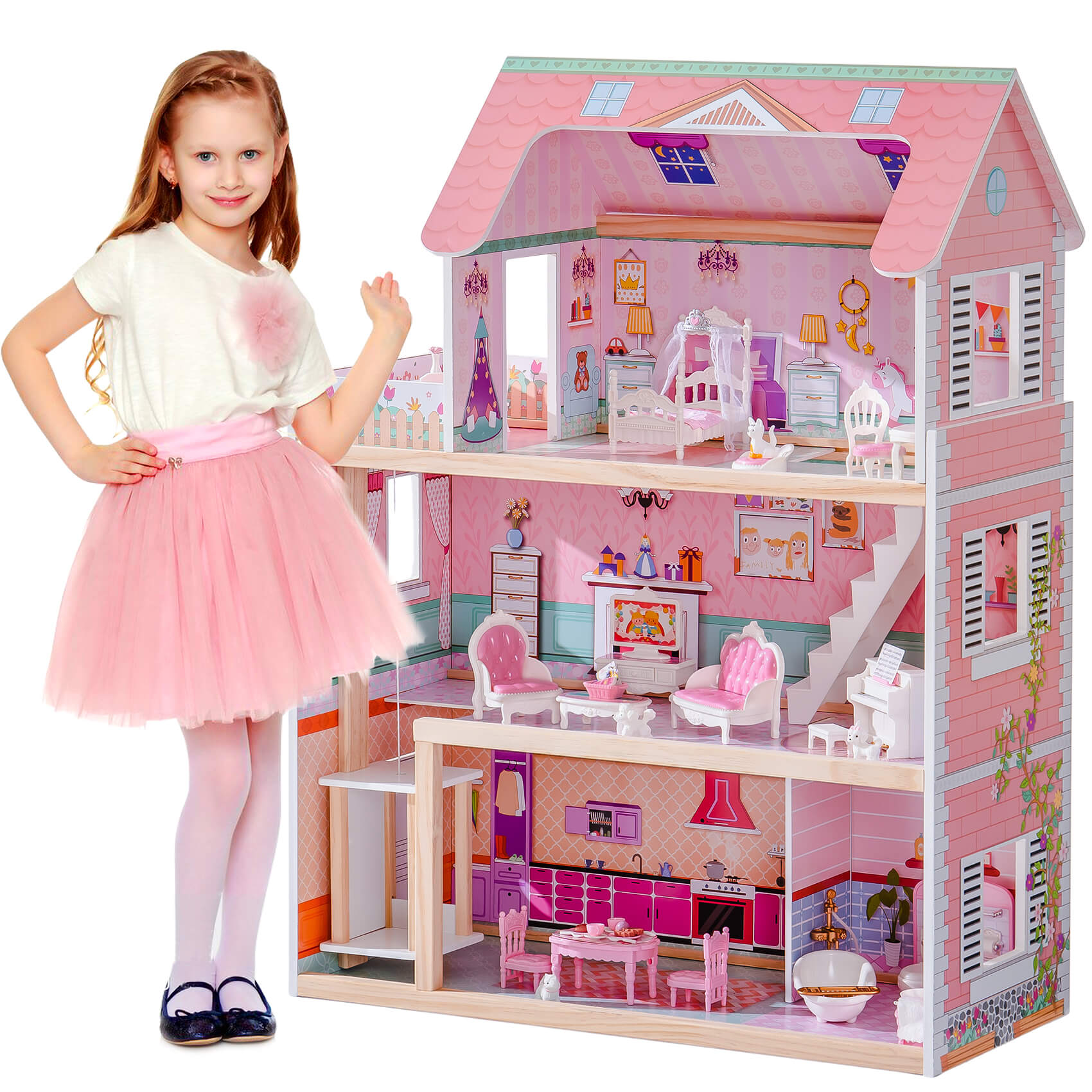 ROBUD Wooden Dollhouse with Elevator 20pcs Furniture 3-Storey Preschool WDH04