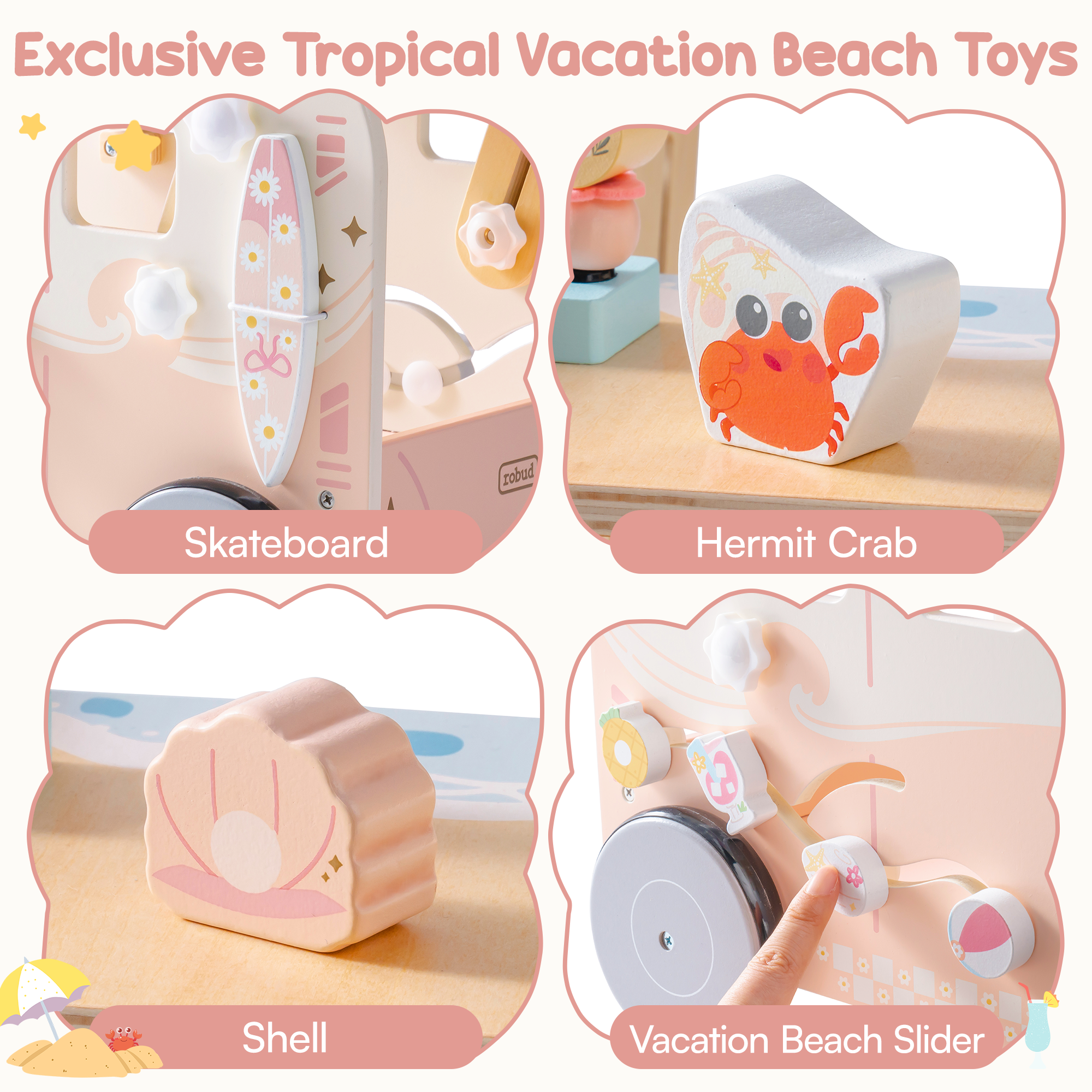 ROBUD Wooden Baby Push Walker - Pink Vacation Bus