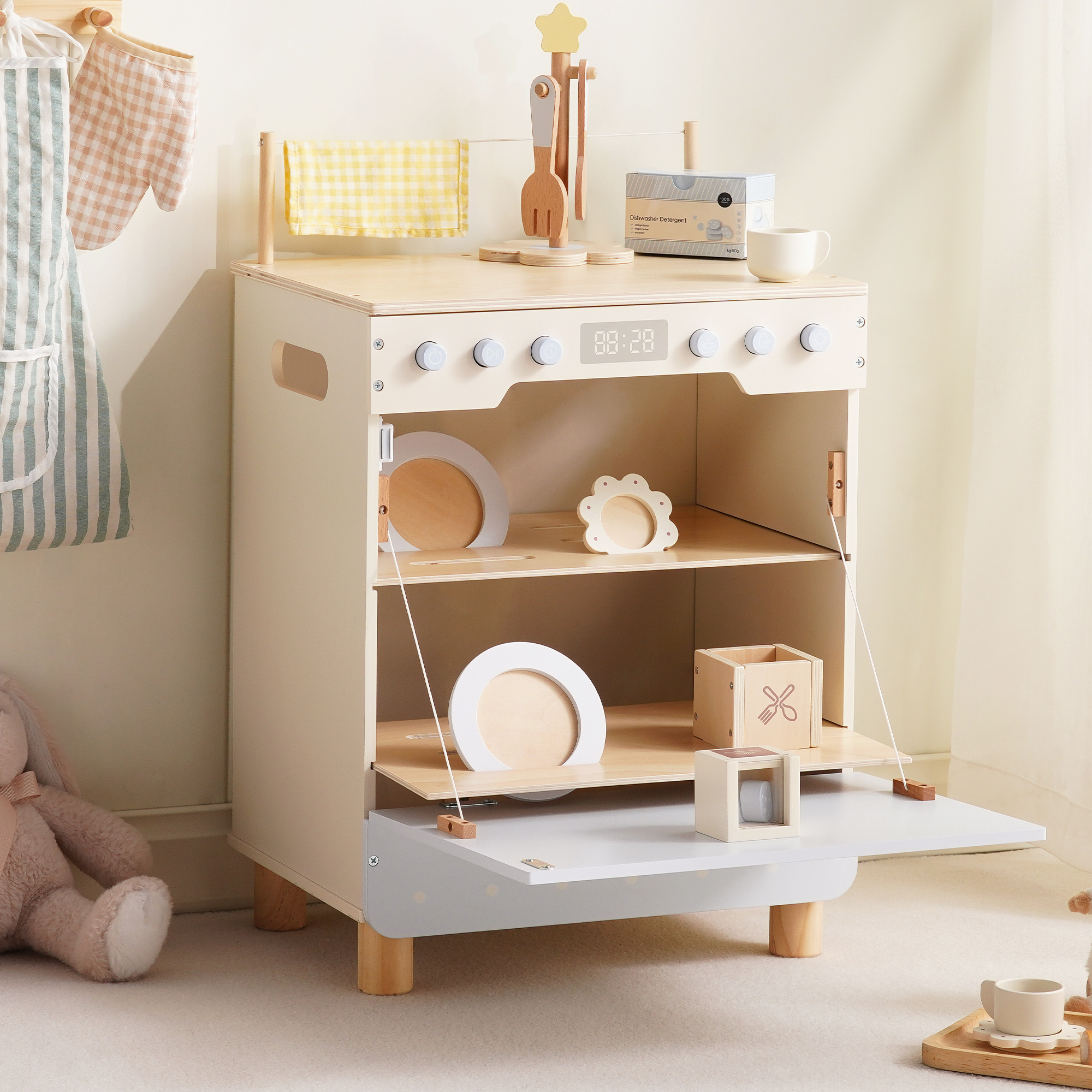 ROBUD Toy Wooden Dishwasher Playset