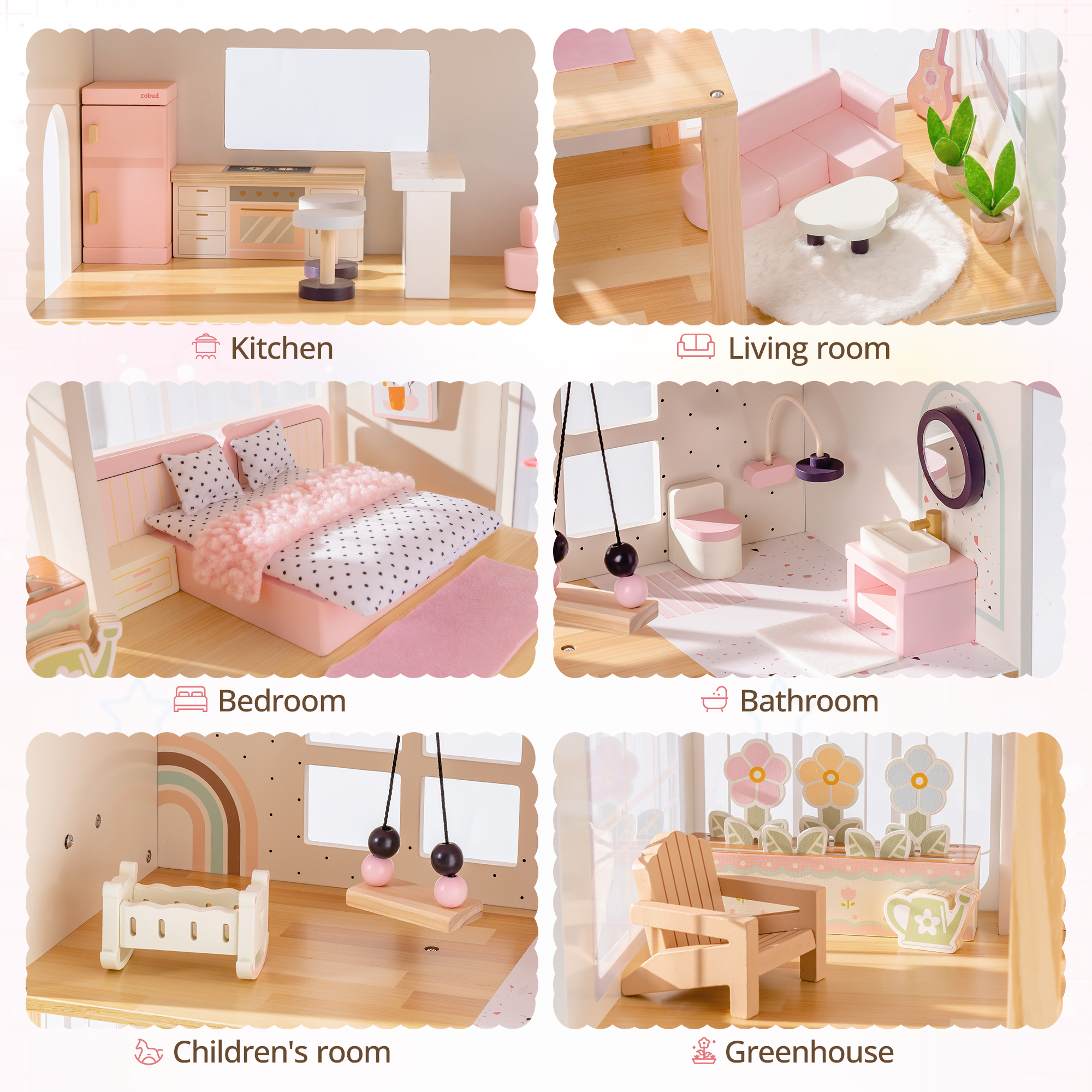 ROBUD Wooden Dolls House with 37 PCS Toy Furniture & Dolls Accessories