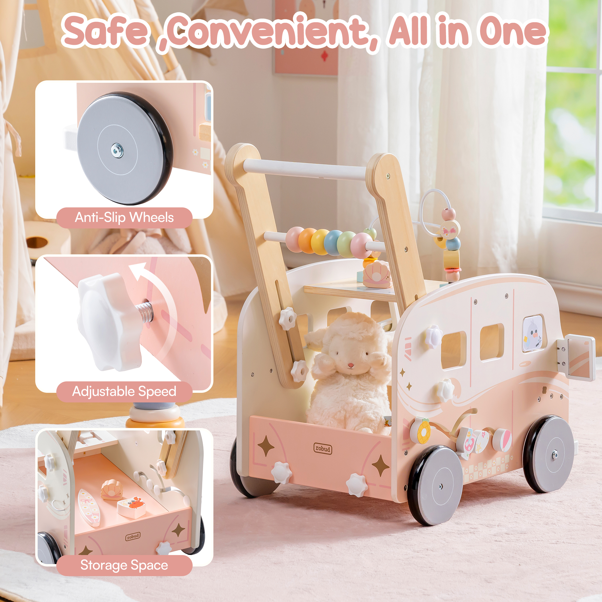 ROBUD Wooden Baby Push Walker - Pink Vacation Bus