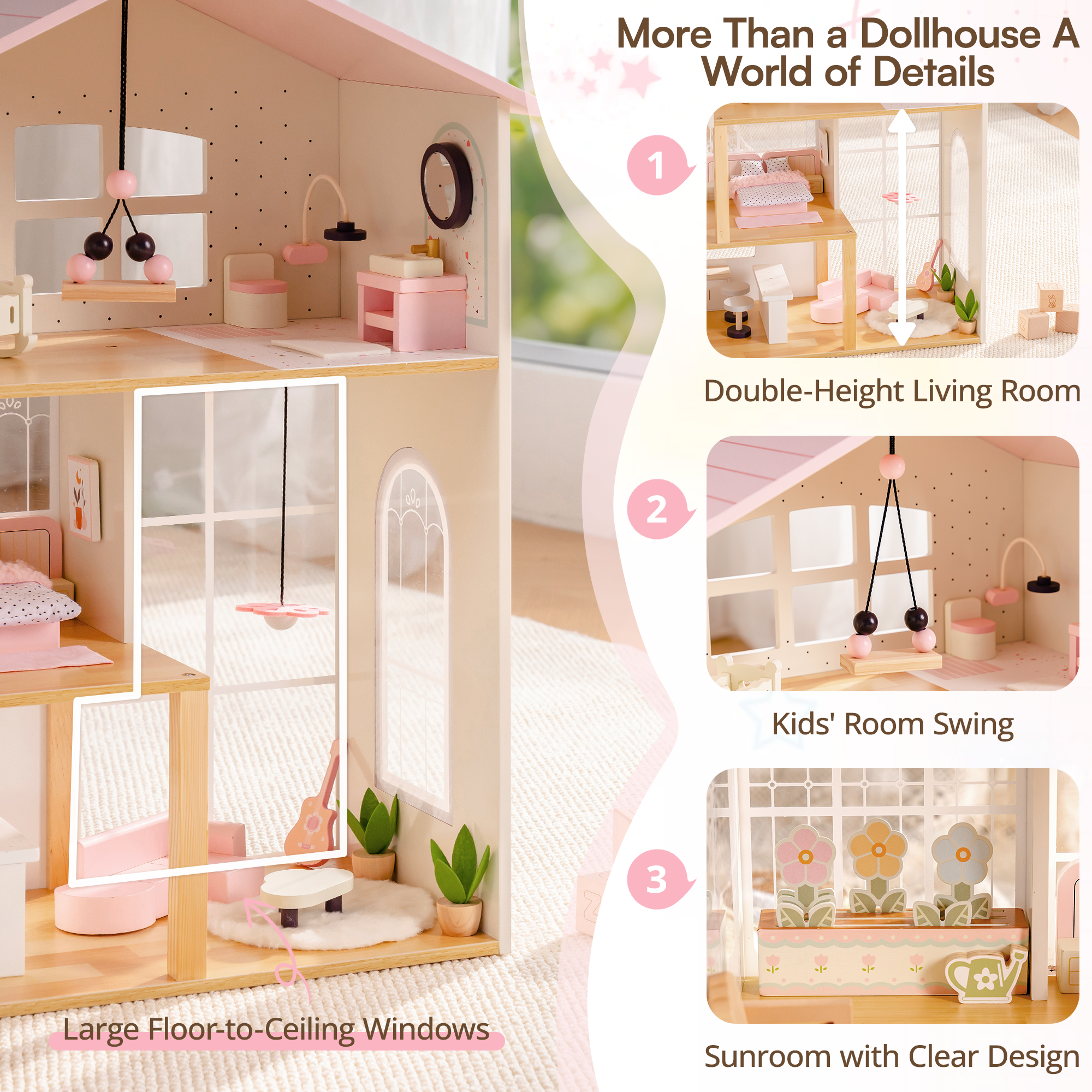 ROBUD Wooden Dolls House with 37 PCS Toy Furniture & Dolls Accessories