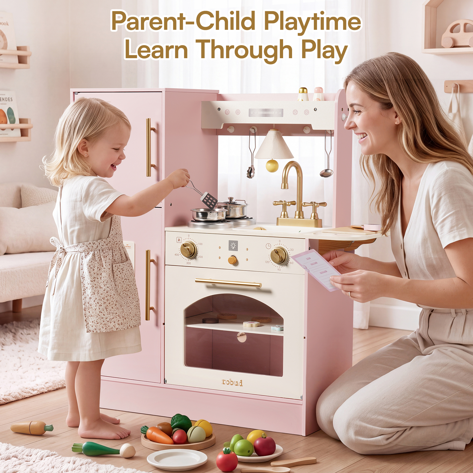 ROBUD Kids Wooden Pretend Cooking Toy with Fridge & Oven