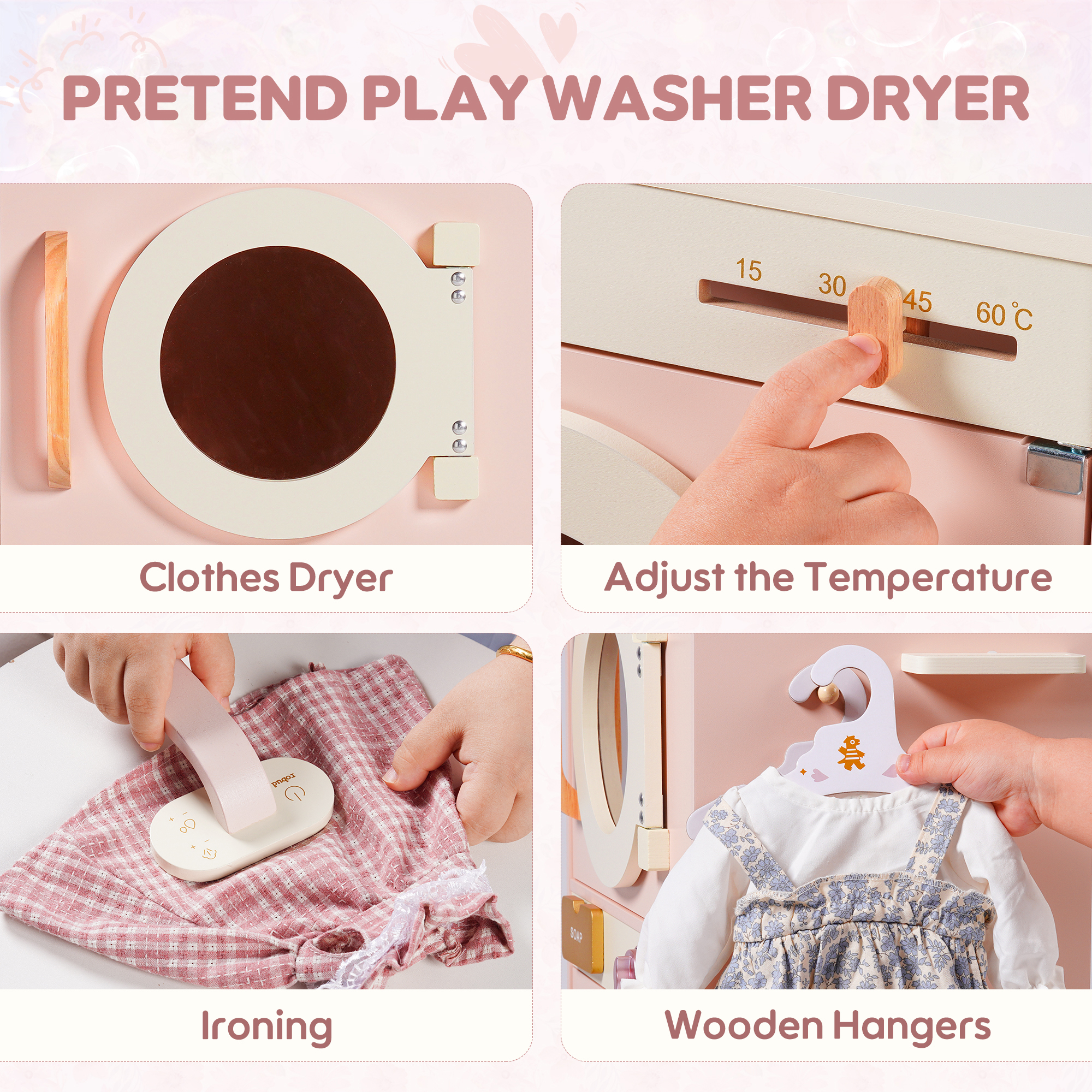 ROBUD Wooden Pink Washing Machine With Dryer
