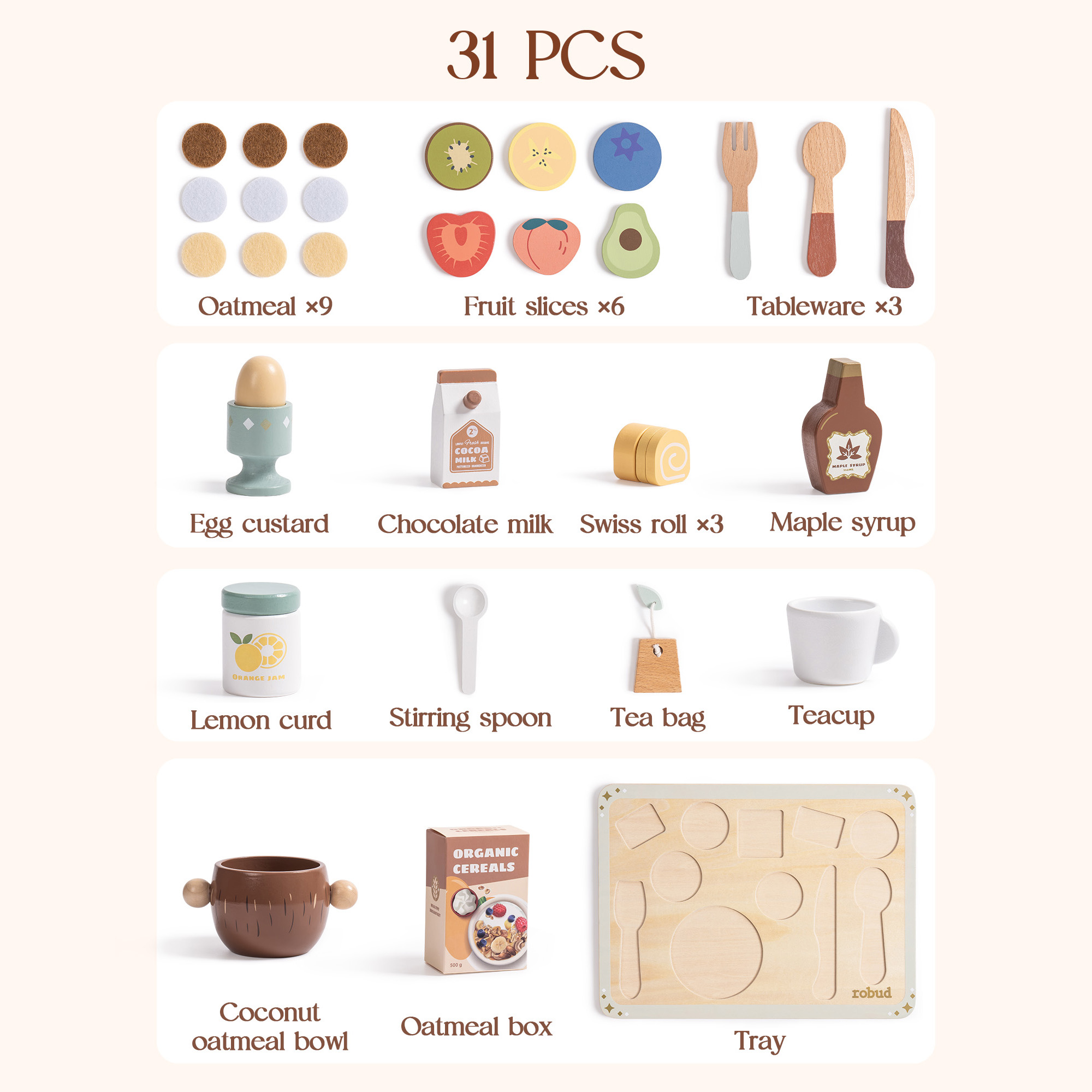 ROBUD 31-Piece Wooden Play Food Sets for Kids