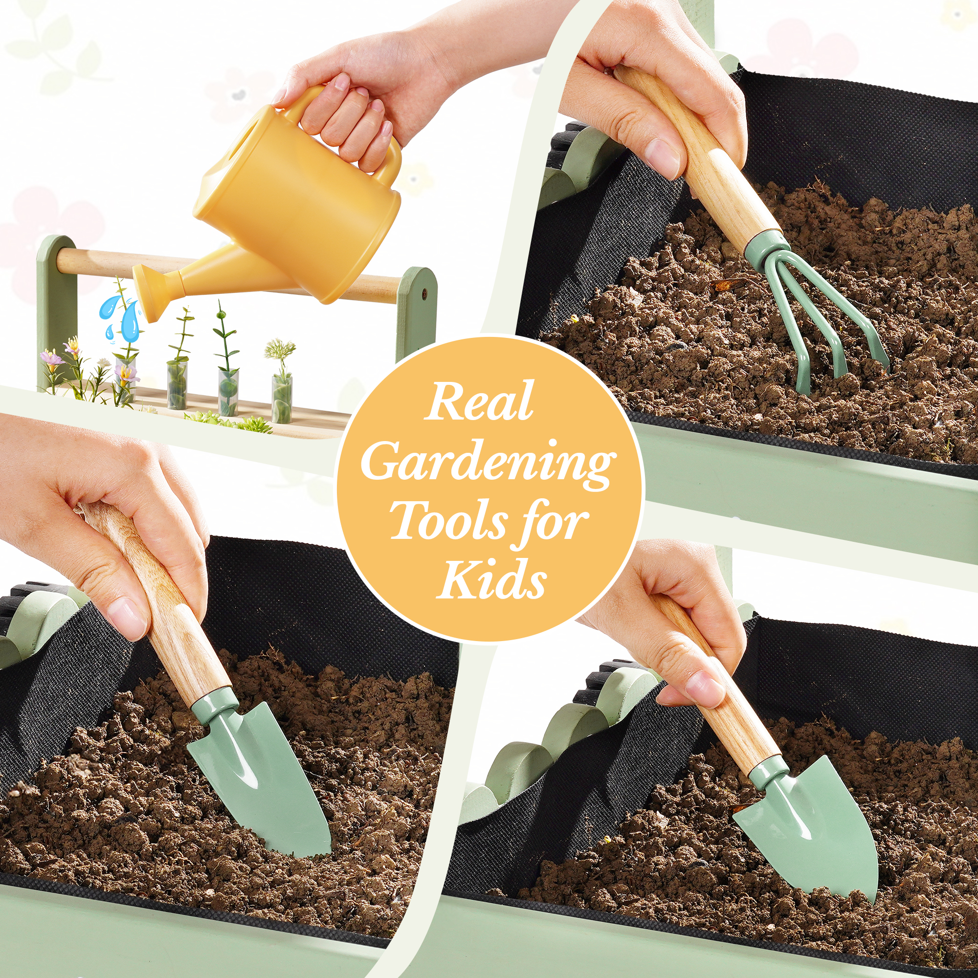 ROBUD Kids Gardening Set with Wooden Trolley