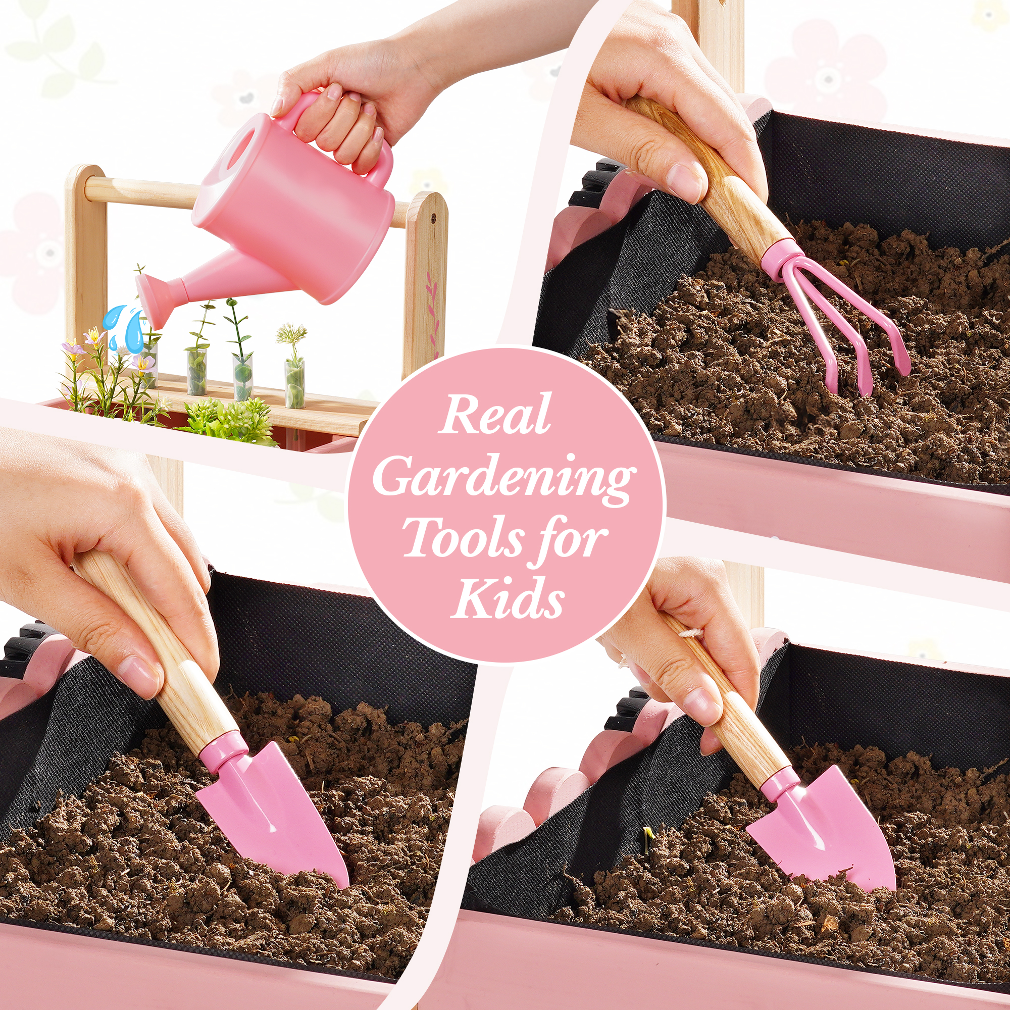 ROBUD Kids Gardening Set with Wooden Trolley