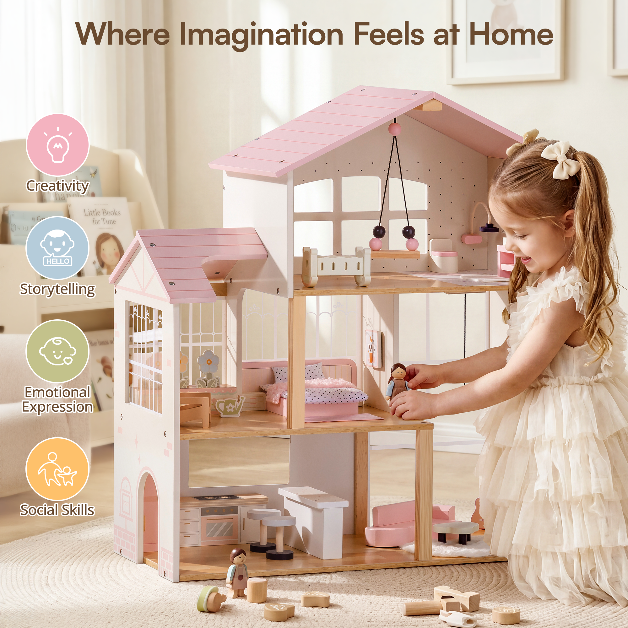 ROBUD Wooden Dolls House with 37 PCS Toy Furniture & Dolls Accessories