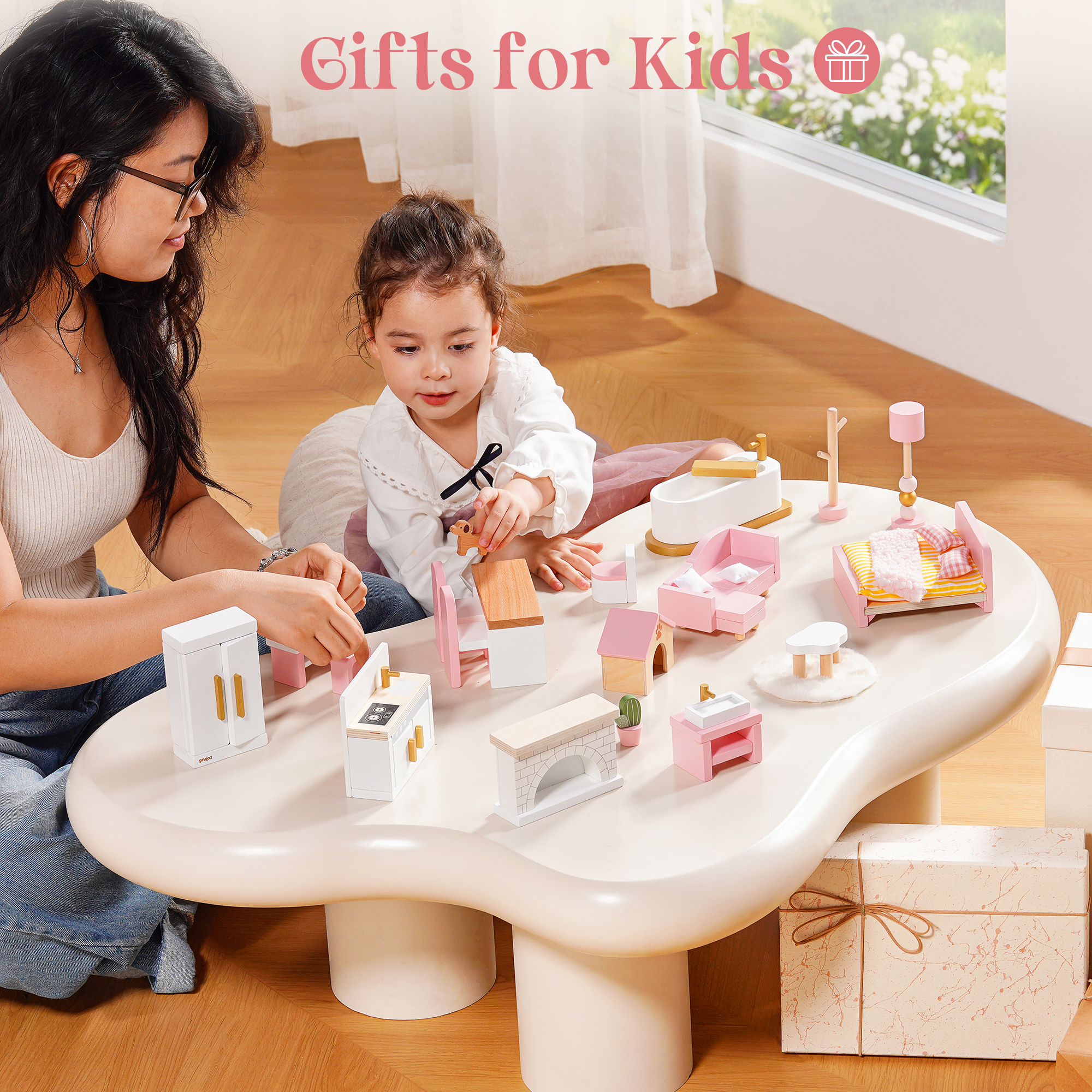 ROBUD Wooden Dollhouse Furniture Set - Pink