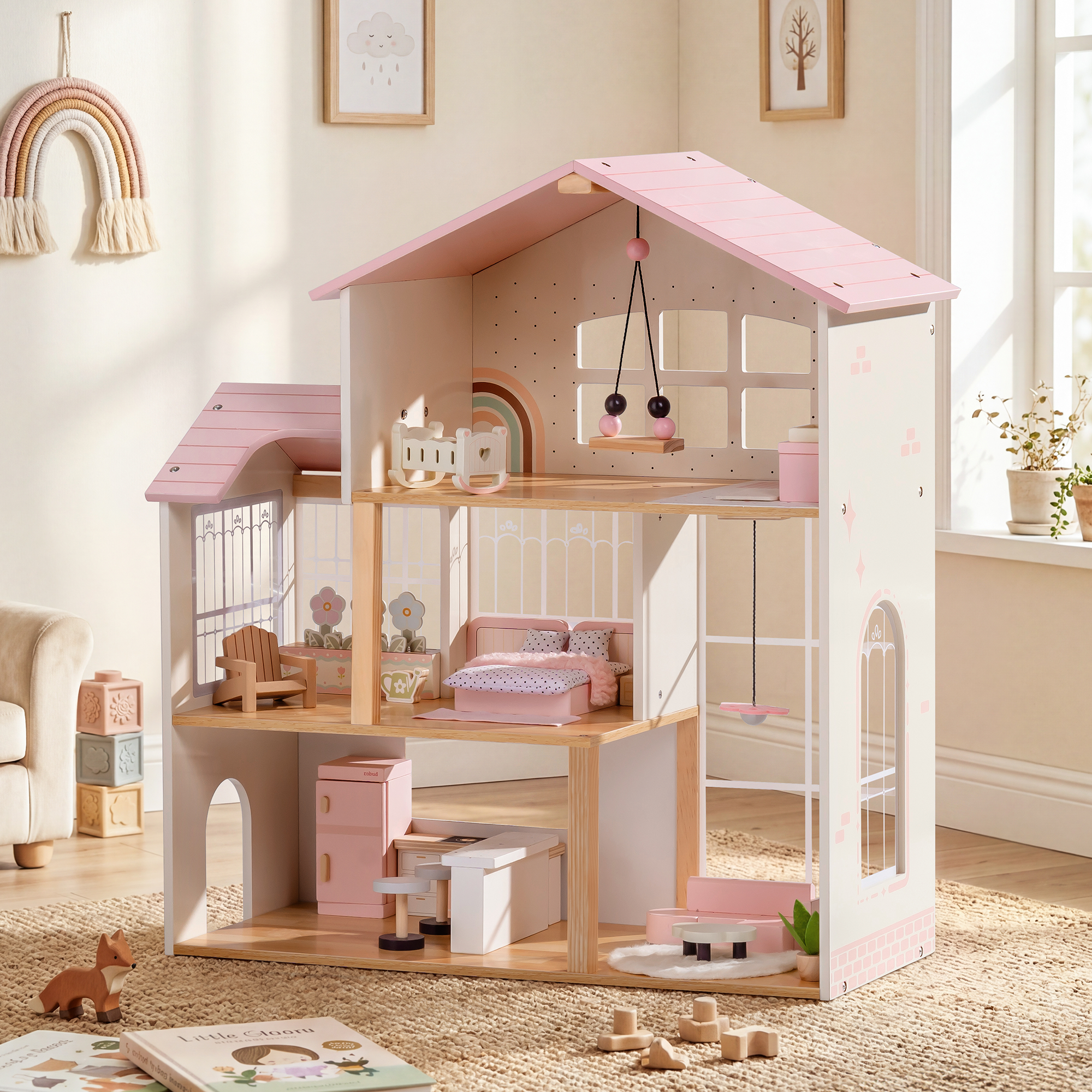 ROBUD Wooden Dolls House with 37 PCS Toy Furniture & Dolls Accessories