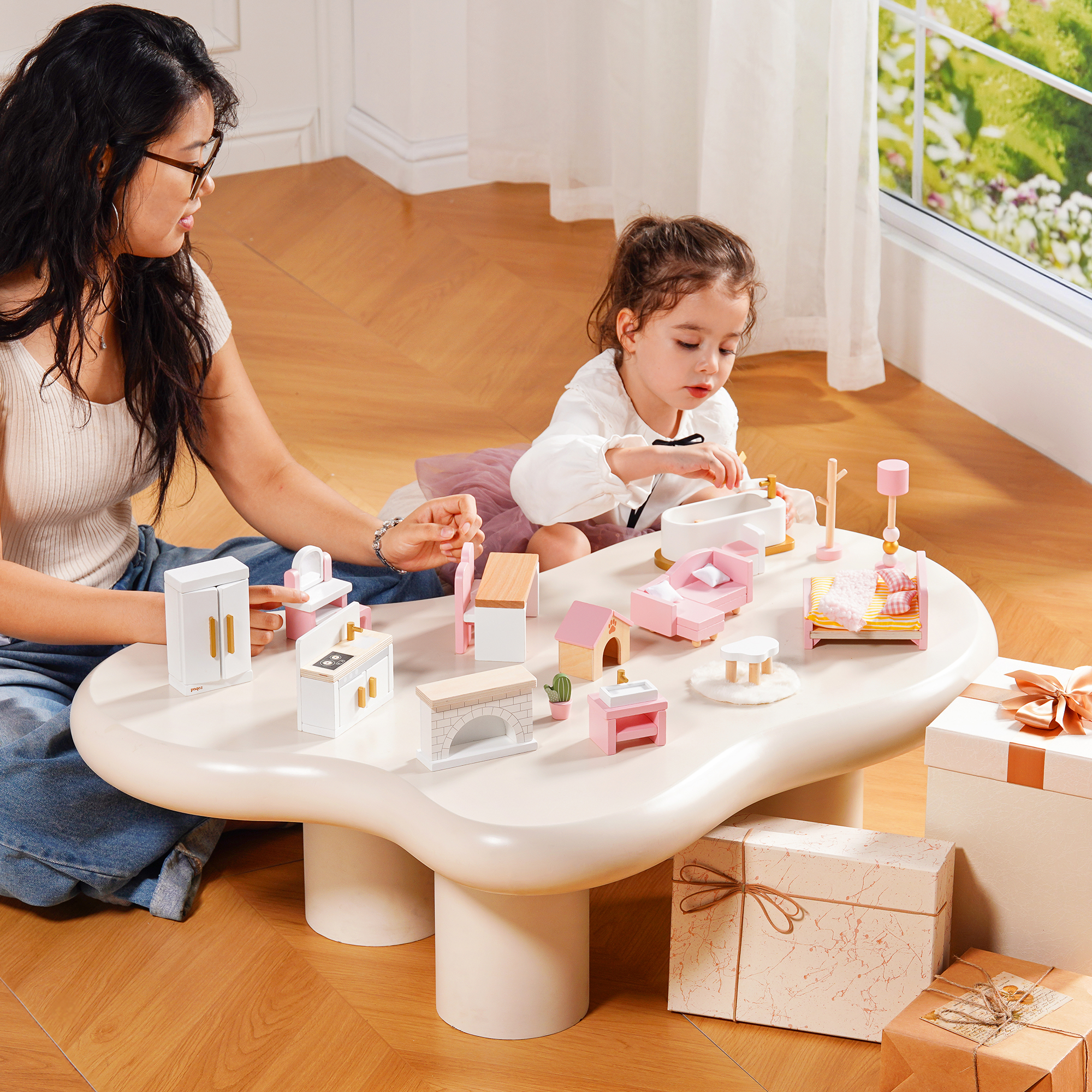 ROBUD Wooden Dollhouse Furniture Set - Pink