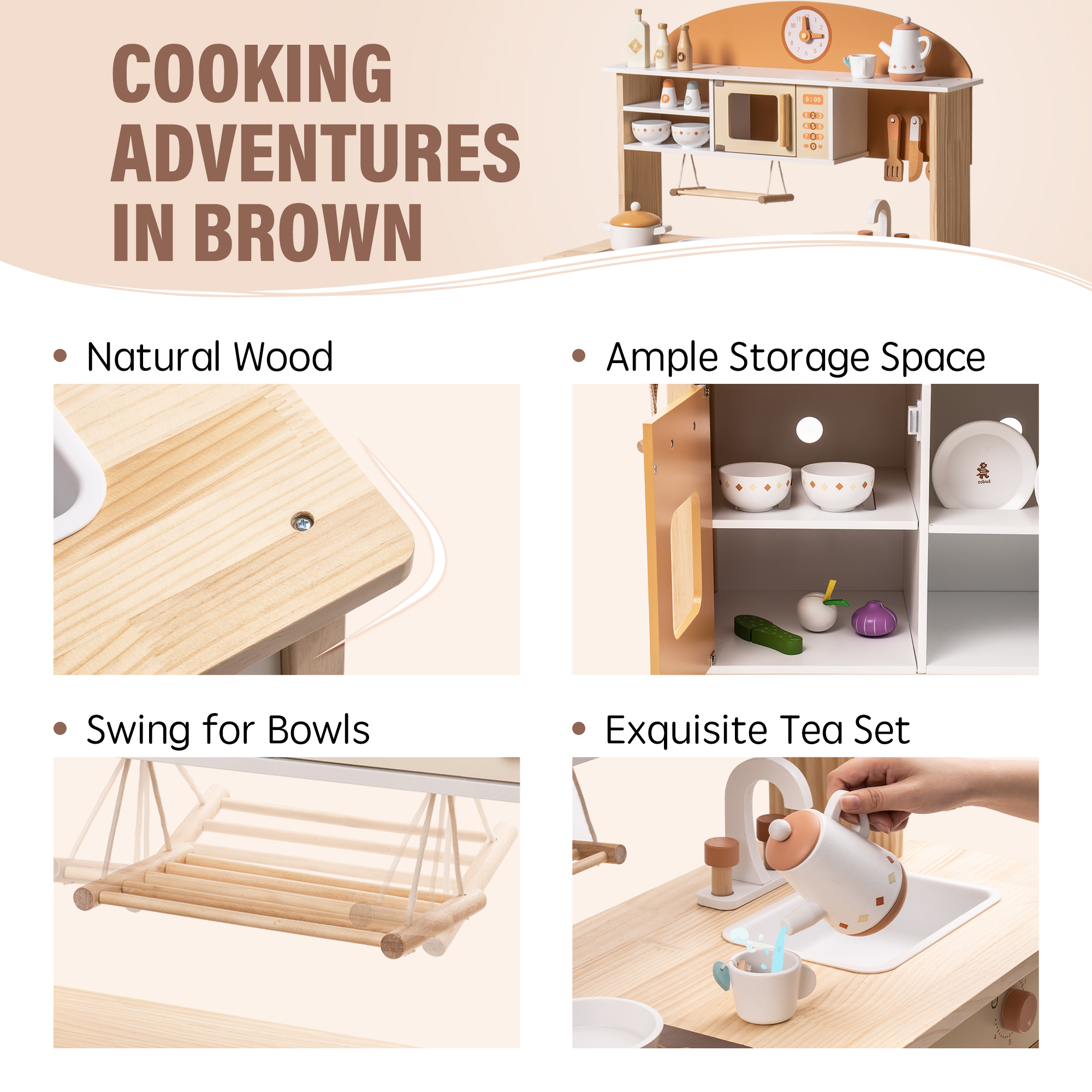 ROBUD Wooden Play Kitchen with Realistic Accessories-Caramel