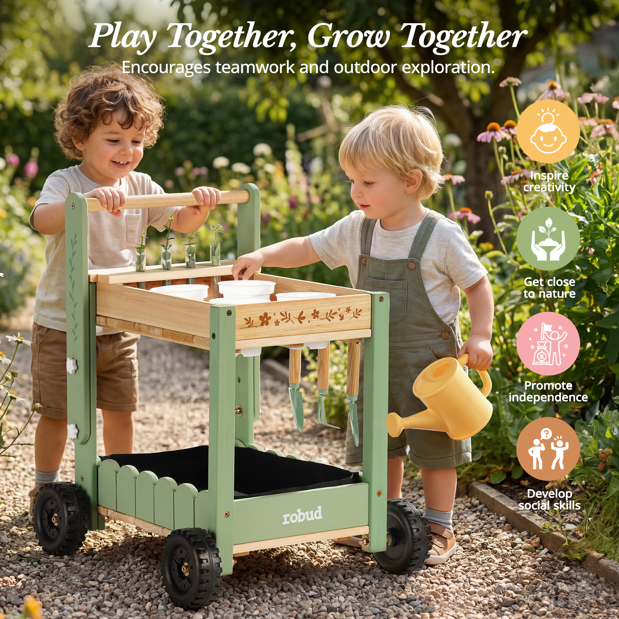 ROBUD Kids Gardening Set with Wooden Trolley