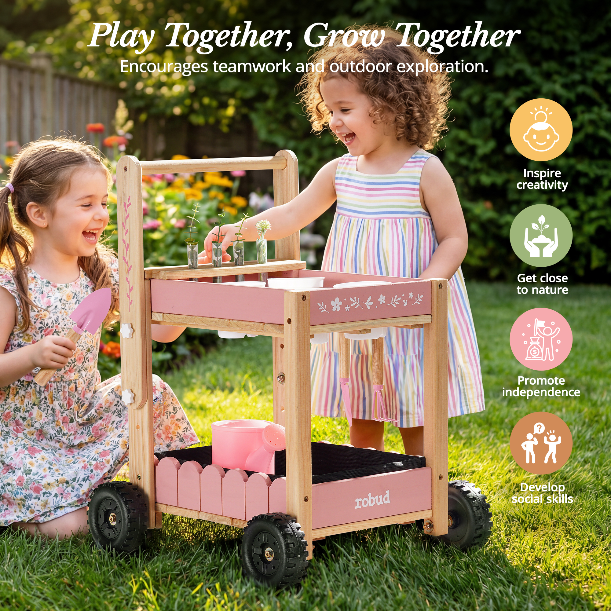 ROBUD Kids Gardening Set with Wooden Trolley