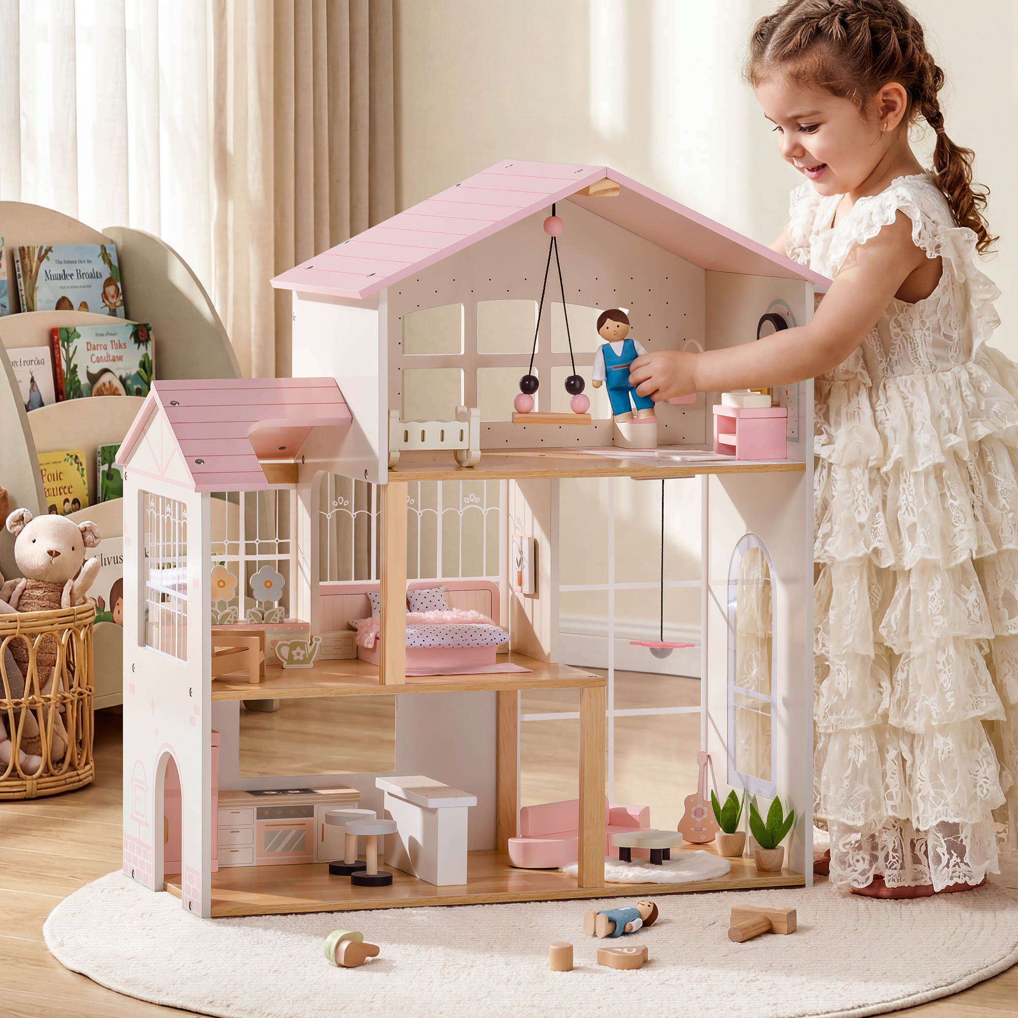 ROBUD Wooden Dolls House with 37 PCS Toy Furniture & Dolls Accessories