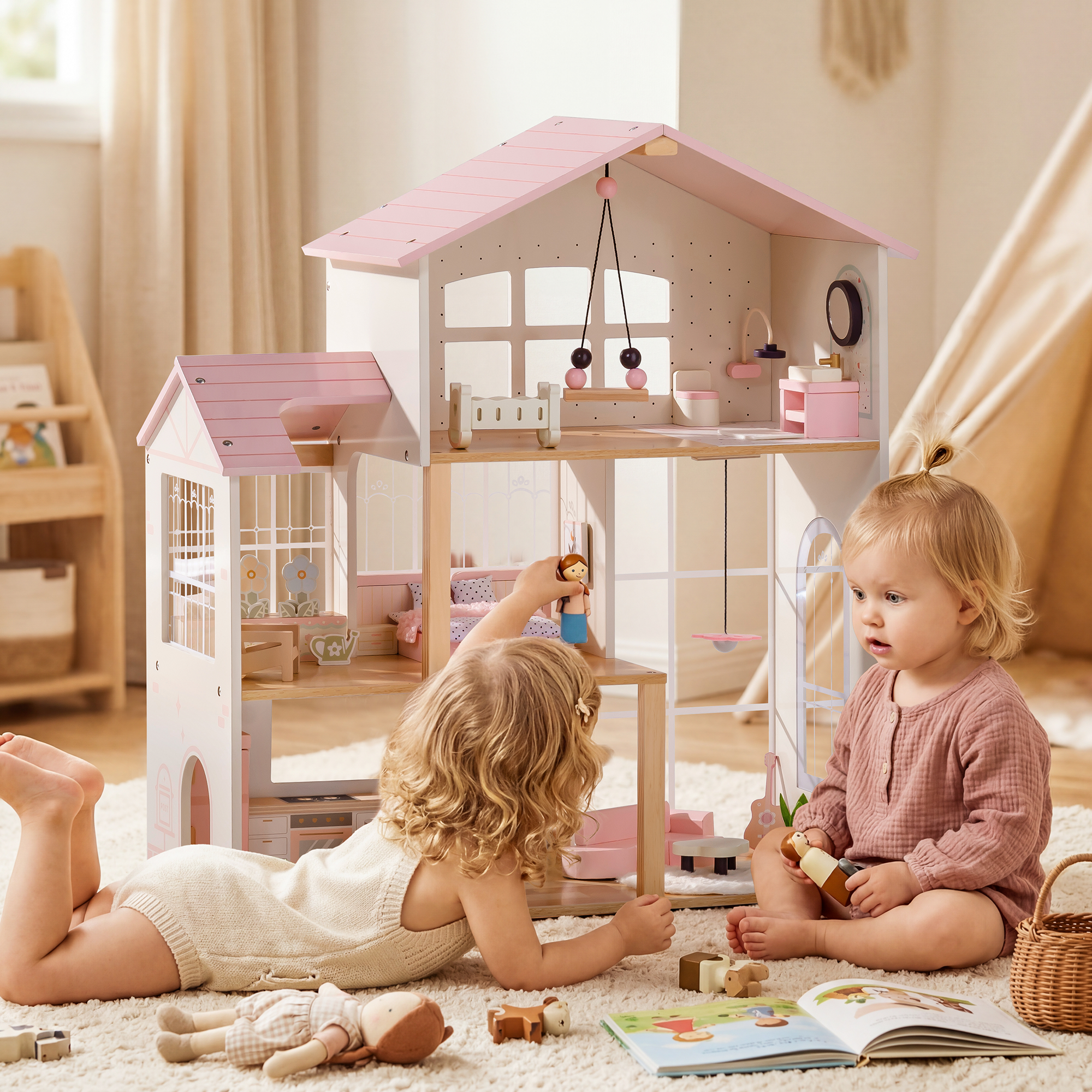 ROBUD Wooden Dolls House with 37 PCS Toy Furniture & Dolls Accessories