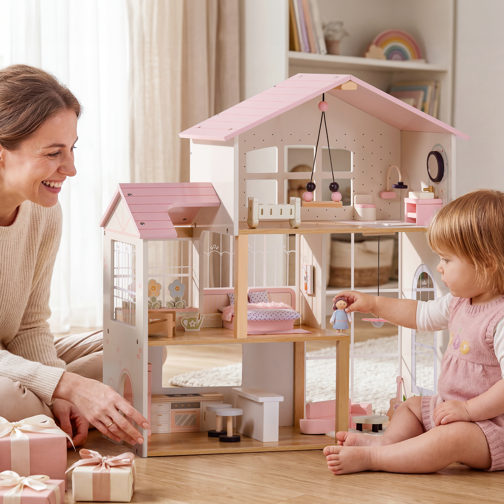 ROBUD Wooden Dolls House with 37 PCS Toy Furniture & Dolls Accessories