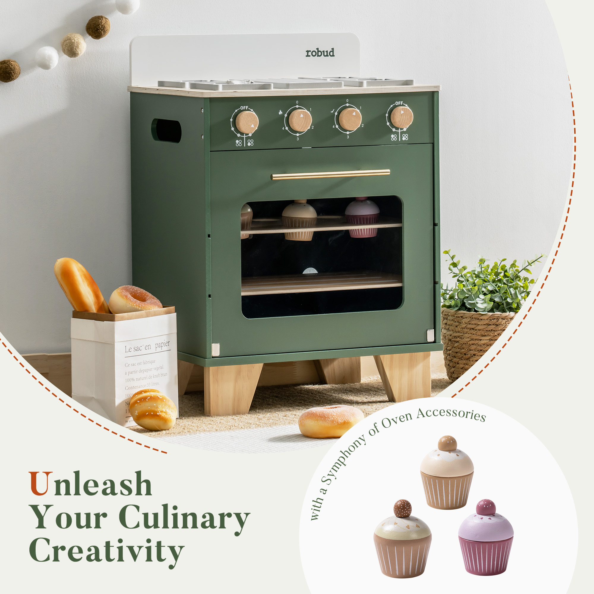 ROBUD Vintage Kids Wooden Toy Kitchen Oven - Green