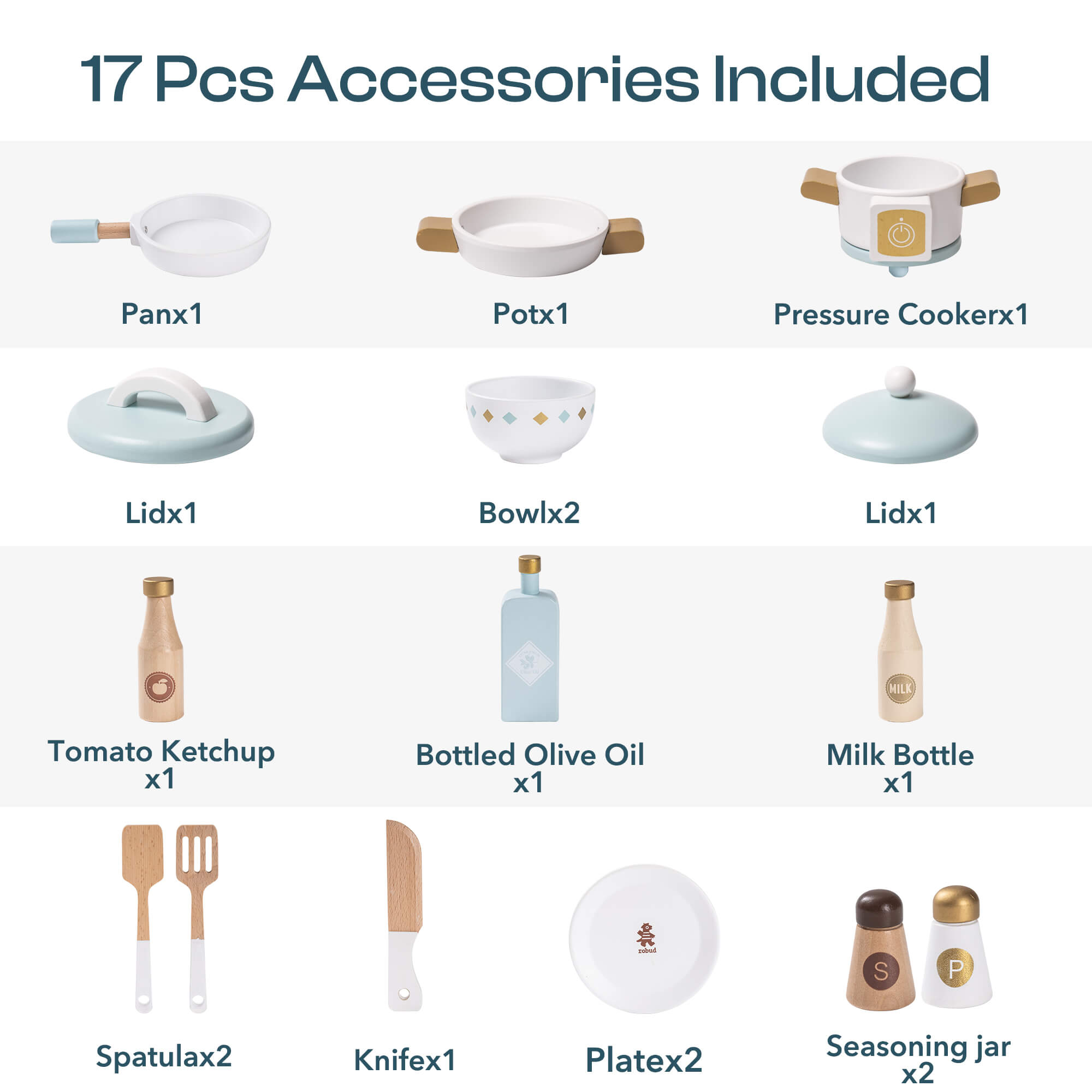 ROBUD Wooden Play Kitchen with Realistic Accessories