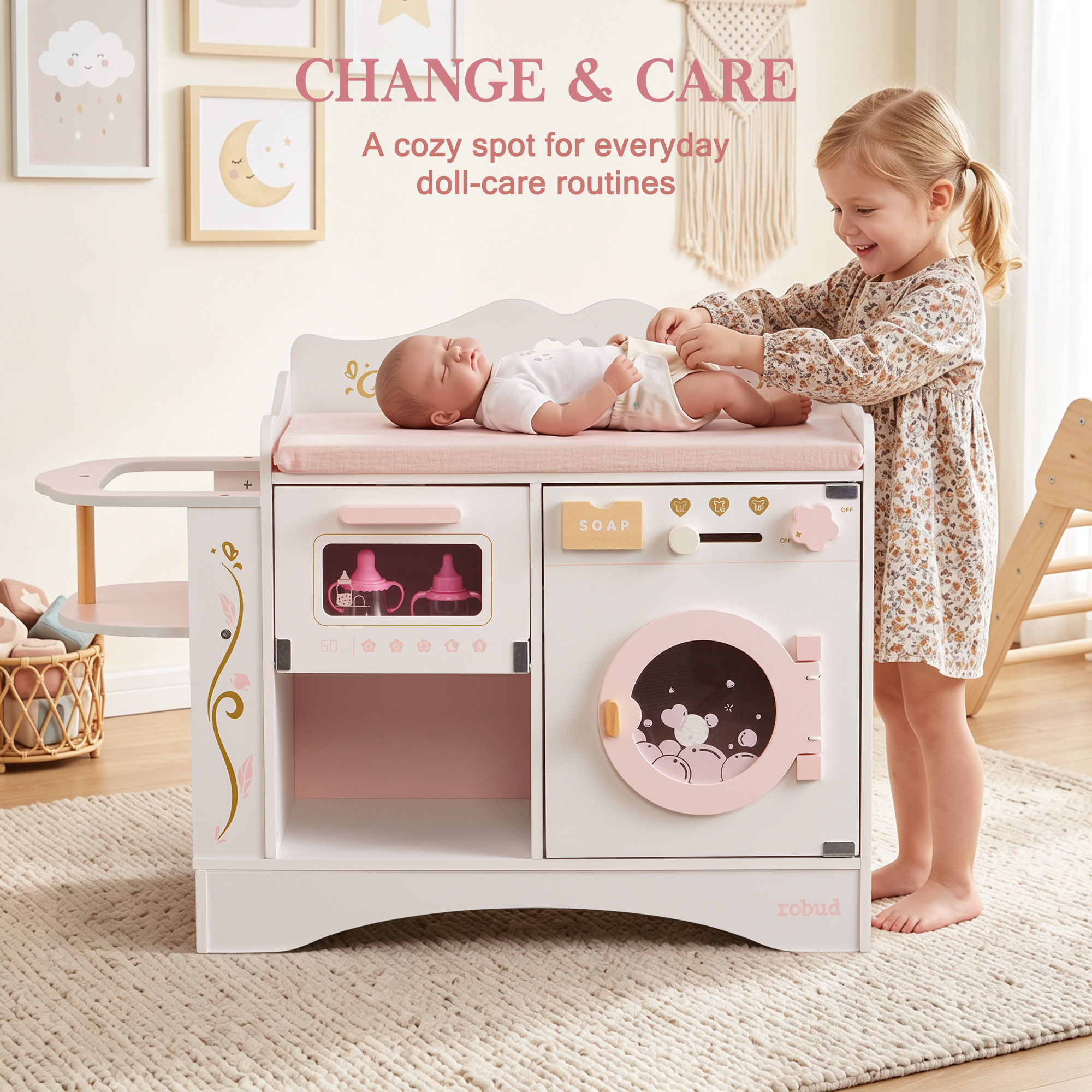 ROBUD 6-in-1 Baby Doll Changing Table - White & Pink
